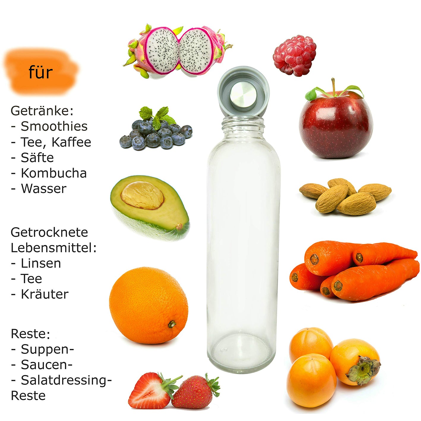 Glasflaschen 500 ml, 6er-Set + Flaschenbürste aus robustem Kalknatronglas, ideal für Getränke, Suppen, Säfte und mehr.