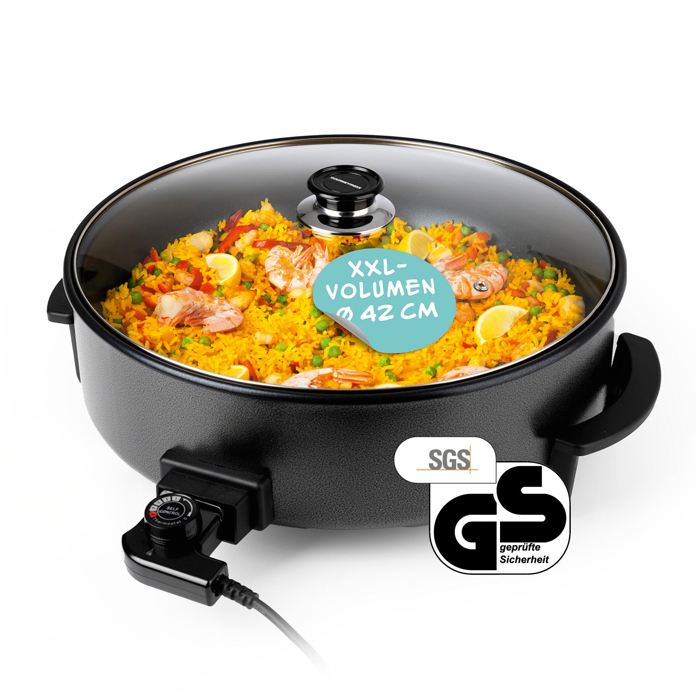 Elektrische Partypfanne - Ø 42 cm mit Glasdeckel, Antihaftbeschichtung und 5-Stufen-Thermostat für große Portionen.