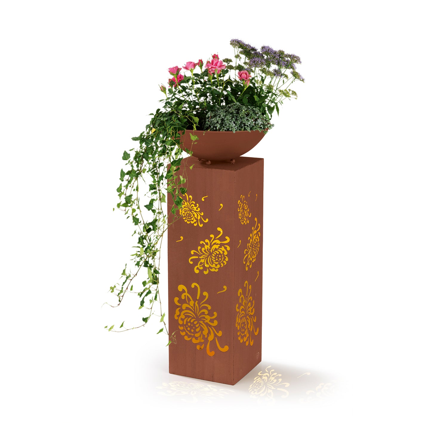 LED-Dekosäule mit Planzschale Rost-Optik "Bauernrose" - 87 cm