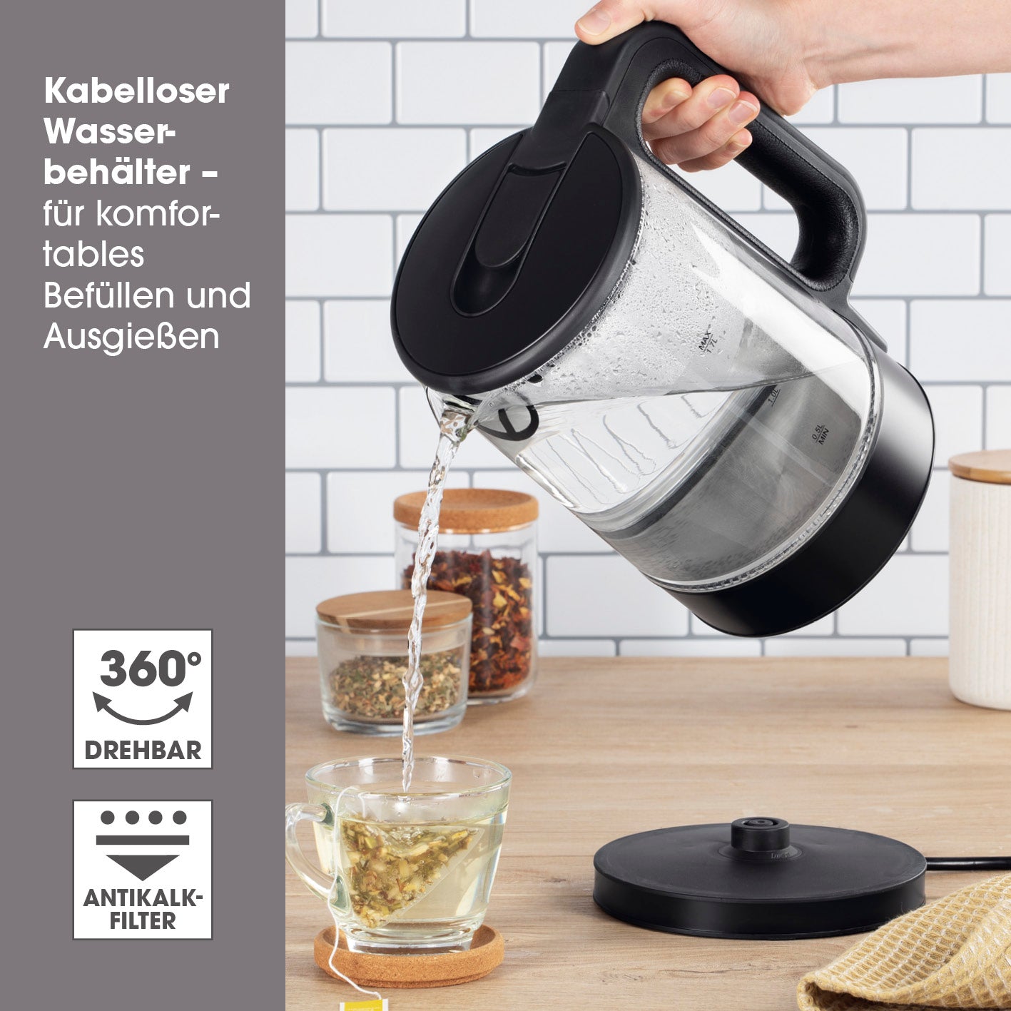 Glas-Wasserkocher LED - 1,7l - schwarz matt