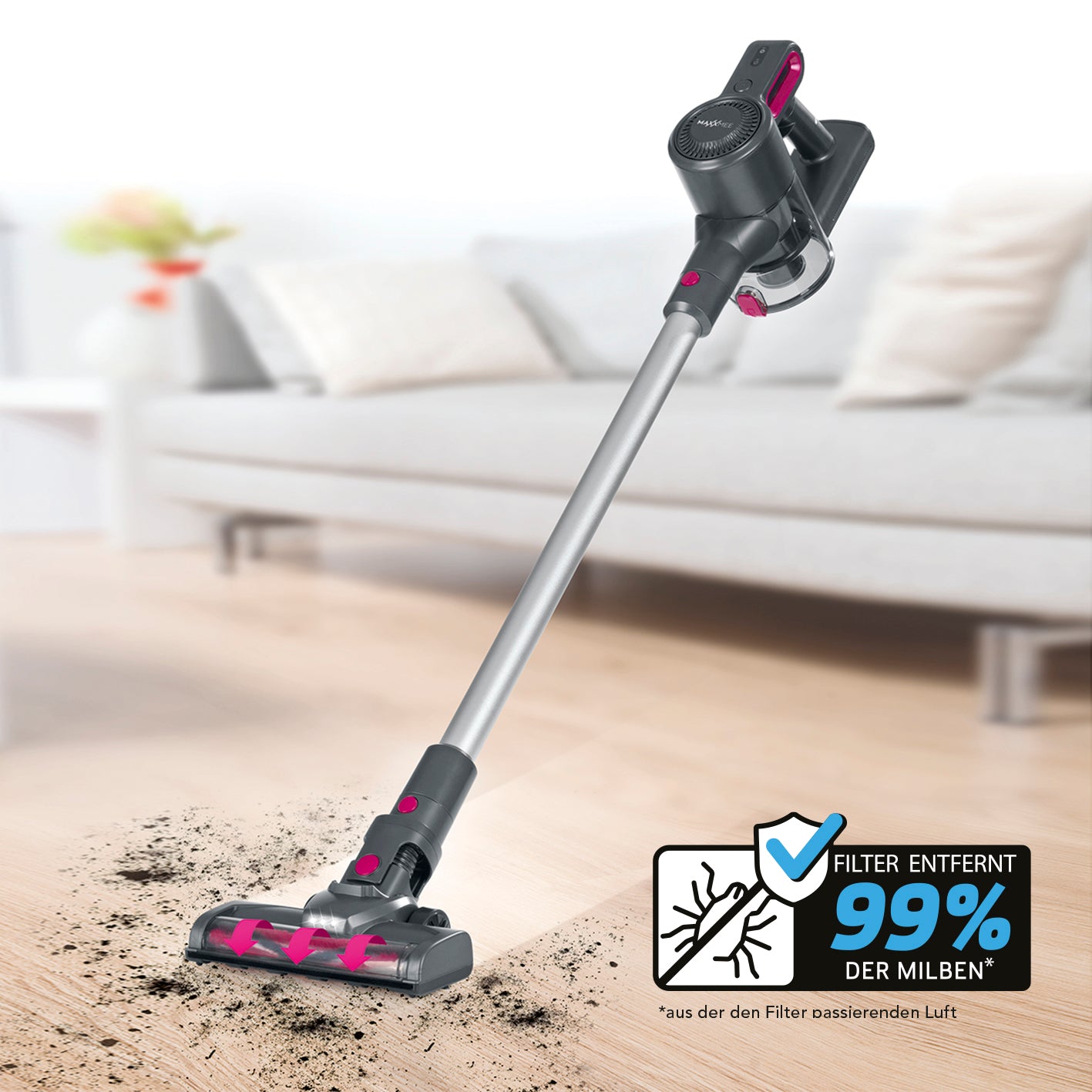 Akku-Zyklon-Staubsauger - Verlängerungsrohr auf bis ca. 80 cm - anthrazit/pink