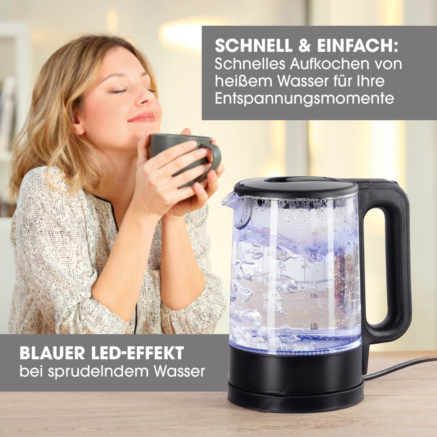 Glas-Wasserkocher LED - 1,7l - schwarz matt