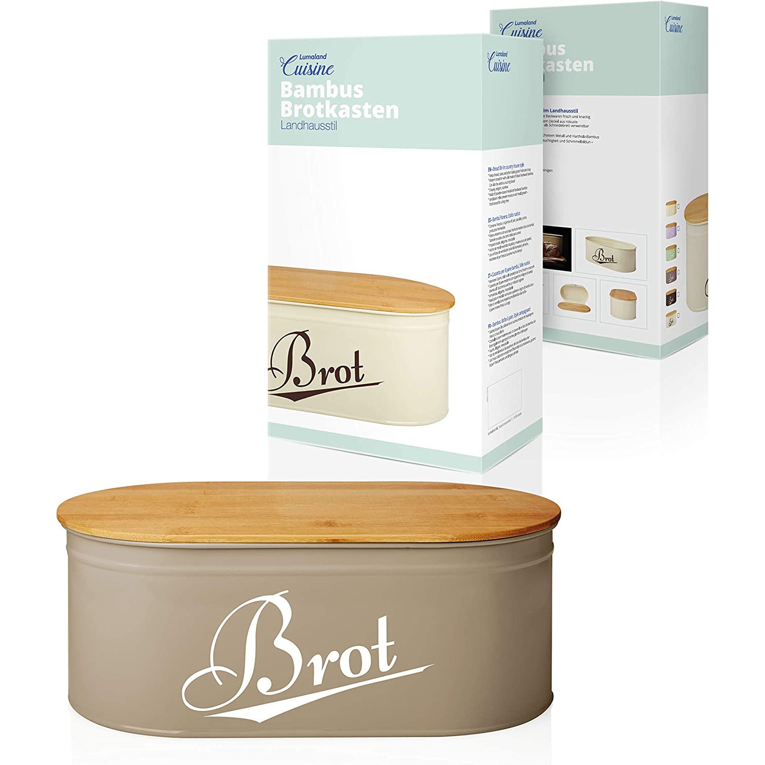 Cuisine Brotkasten aus Metall mit Bambus Deckel - Oval 36 x 20 x 13,8 cm - Grau