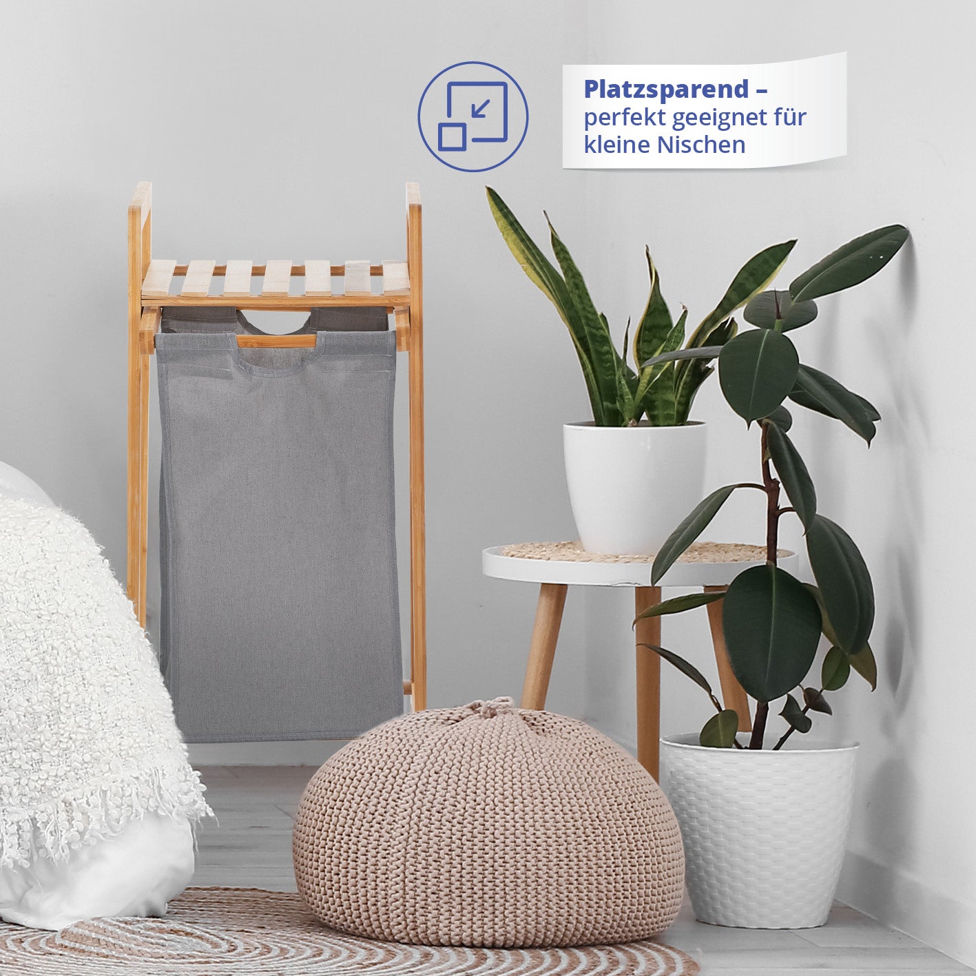 Bambus Wäschekorb mit ausziehbarem Wäschesack - 33 x 33 x 73 cm - Beige