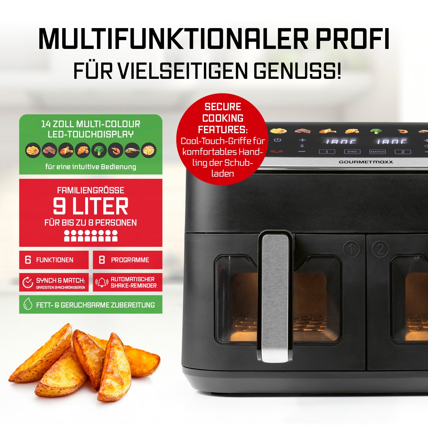 Doppelkammer-Heißluftfritteuse - 9 Liter