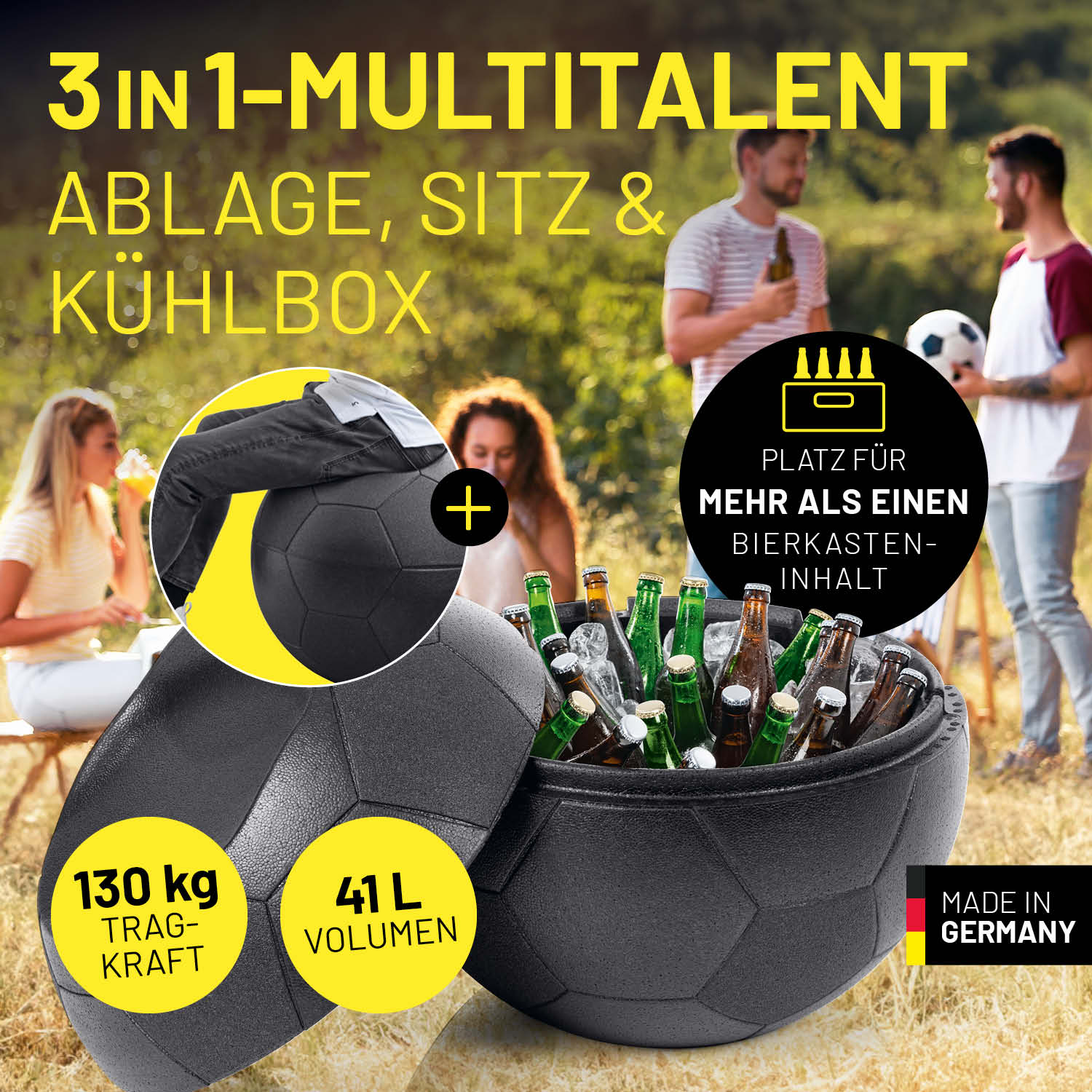 EM 2024 Fan-Lounge 1 + 1 - XXL-Fußball-Sitzsack + Fußball-Sitz-Kühlbox