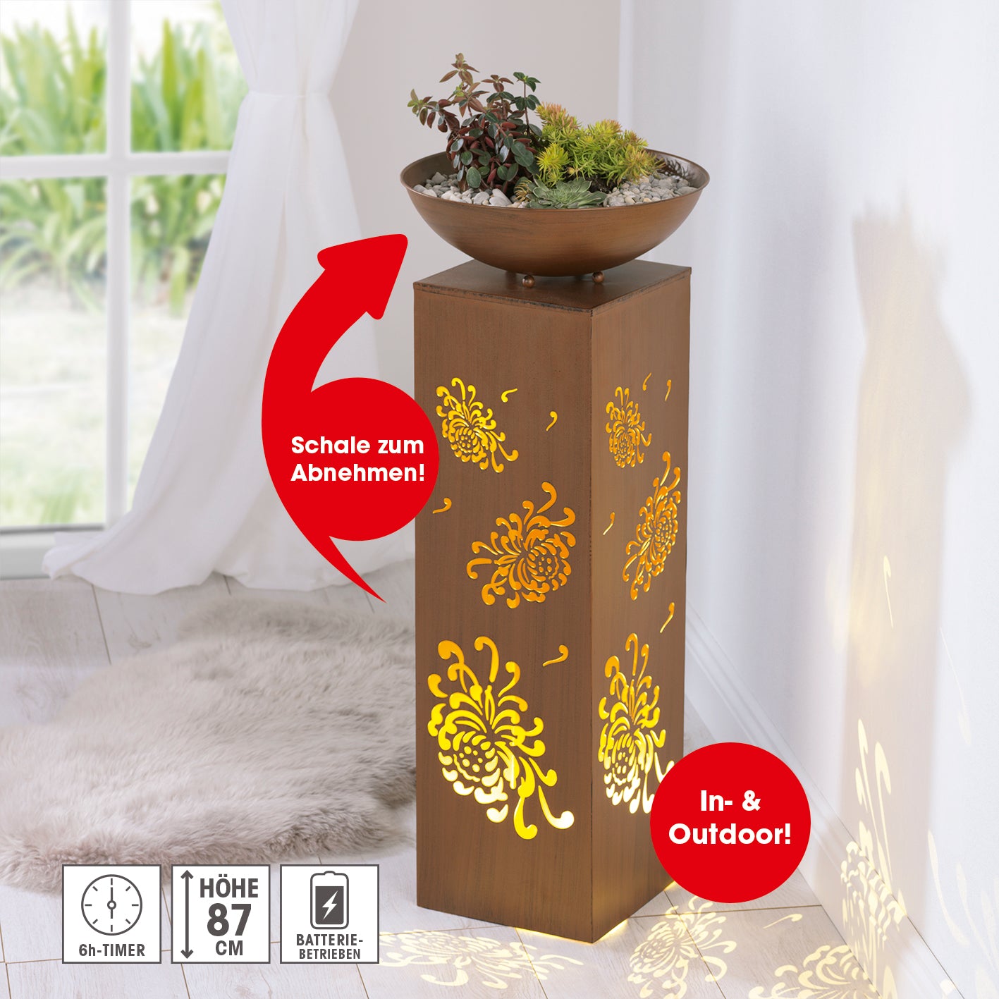 LED-Dekosäule mit Planzschale Rost-Optik "Bauernrose" - 87 cm
