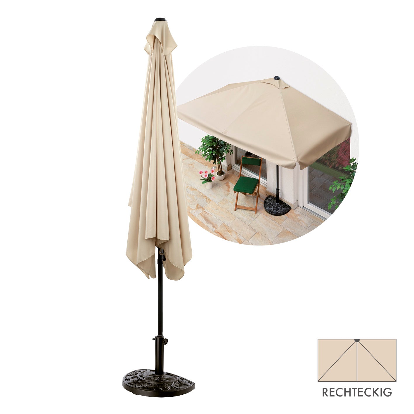 Sonnenschirm mit UV-Schutz mit Sonnenschirmfuß - rechteckig 230 x 140 cm - beige