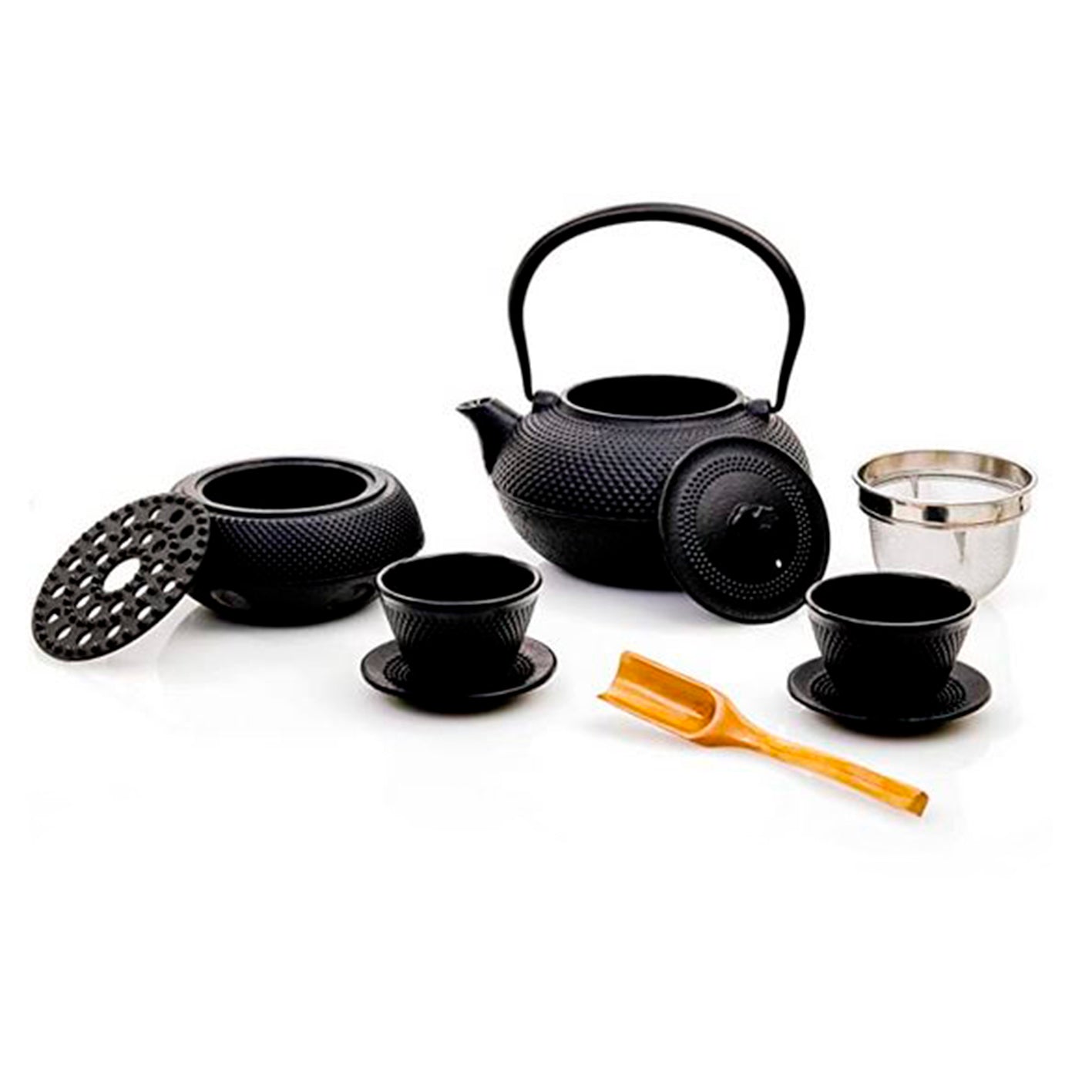 LUMALAND Tee-Set 8-teilig - 1,4 Liter Gusseiserne Teekanne Tetsubin - Stövchen aus Gusseisen - 2 Teebecher & 2 Untersetzer - Schwarz