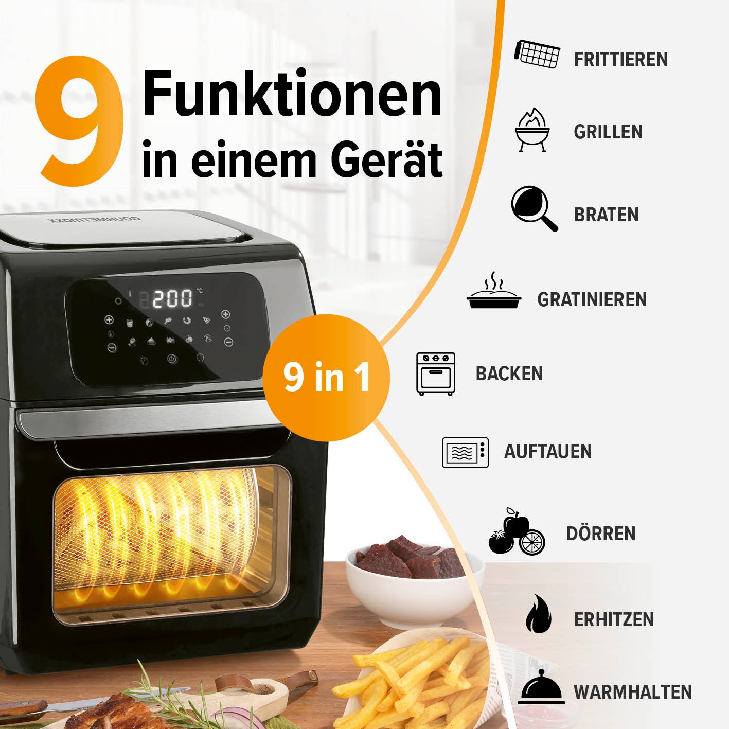 Digitale Heißluftfritteuse - 12 l - Schwarz