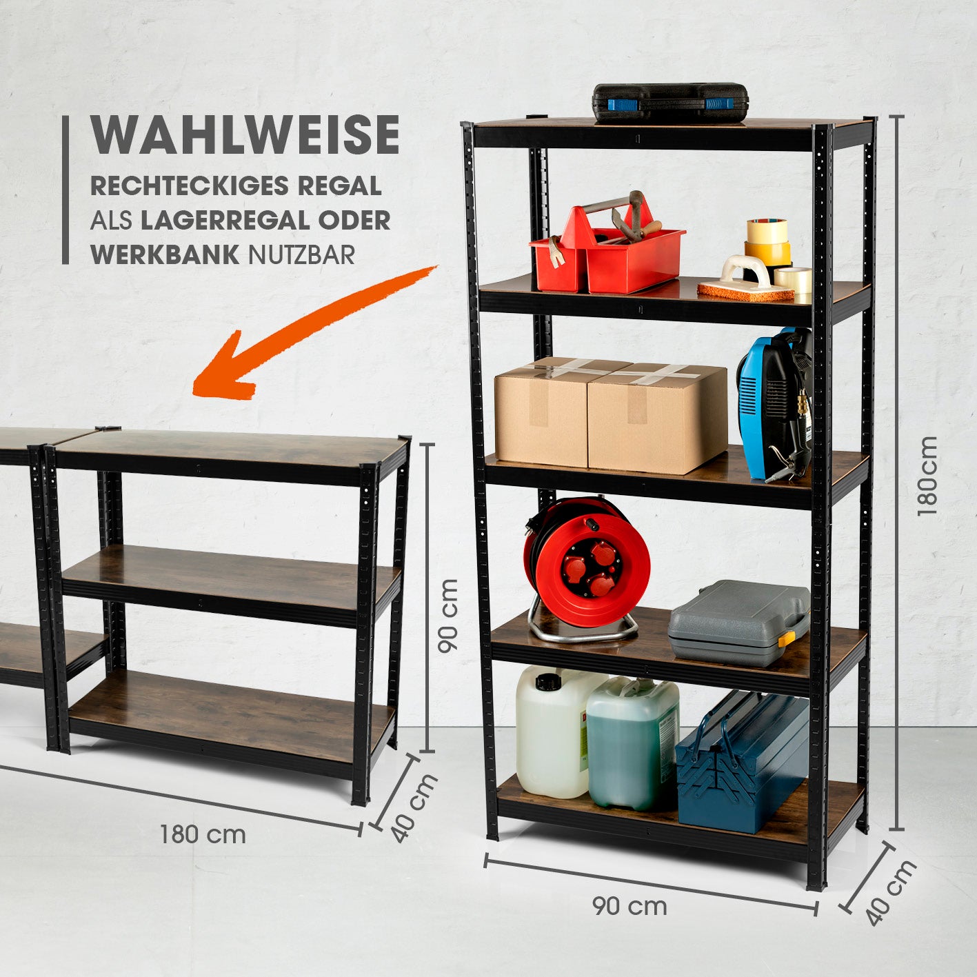 2 in 1 Schwerlastregal & Werkbank  - 2er-Set - 180 x 90 x 40 cm - Holzoptik