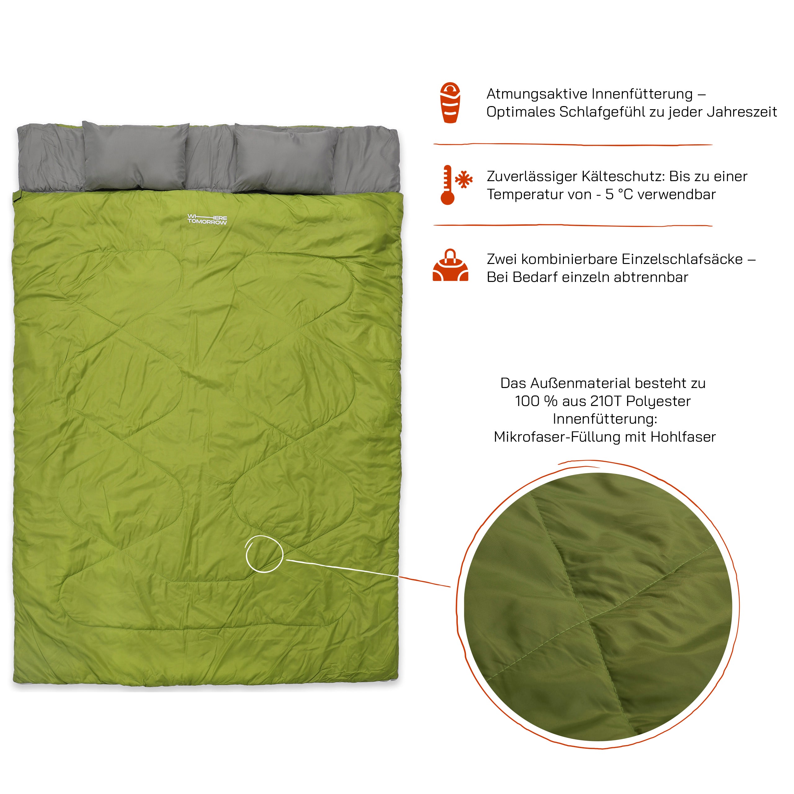Doppelschlafsack mit Tragetasche - 2-Personen Schlafsack - 190 x 150 cm - Dunkelgrün