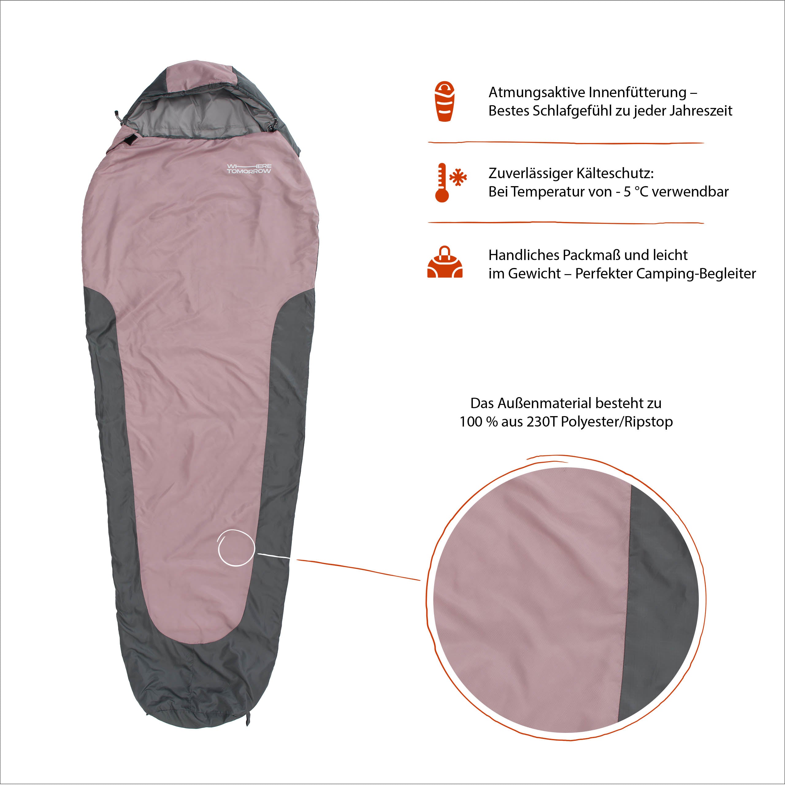 Camping Schlafsack Small & Light - Mumienschlafsack mit Tasche - 220 x 80 x 50 cm - Rose-Grau