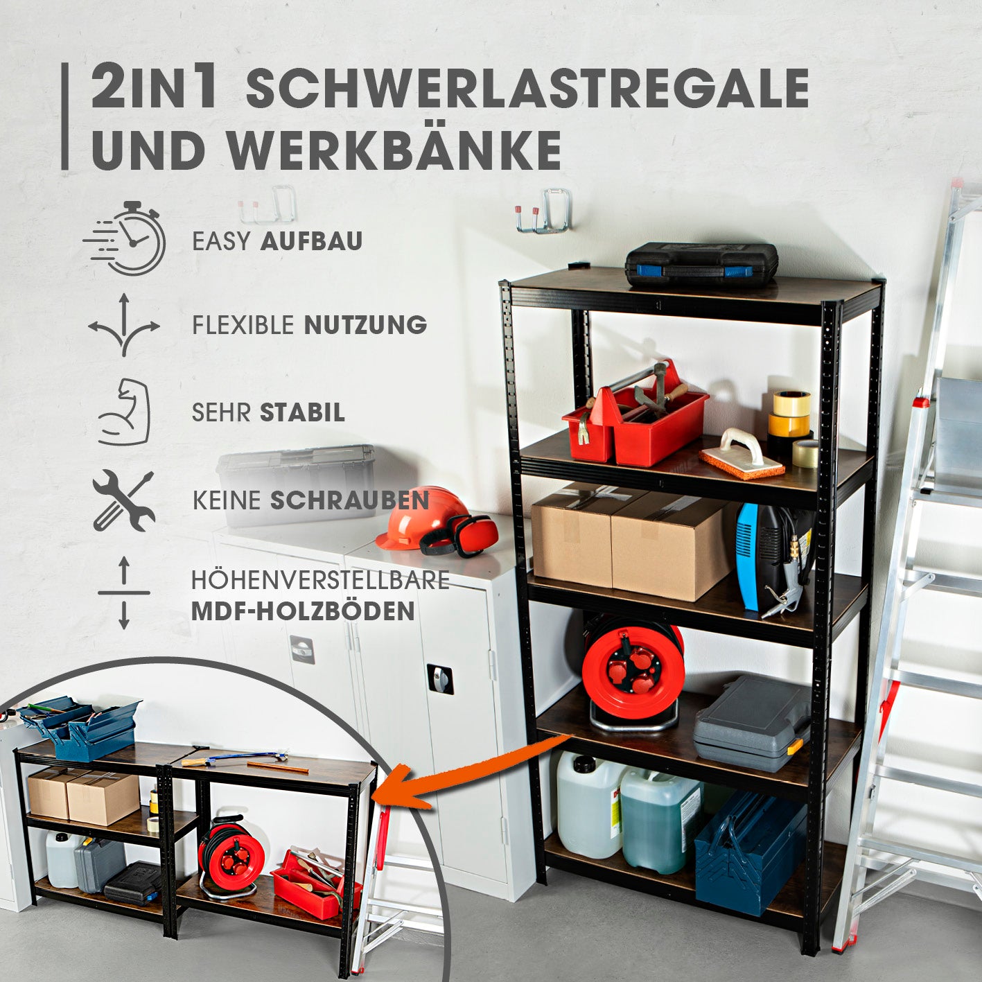 2 in 1 Schwerlastregal & Werkbank  - 2er-Set - 180 x 90 x 40 cm - Holzoptik