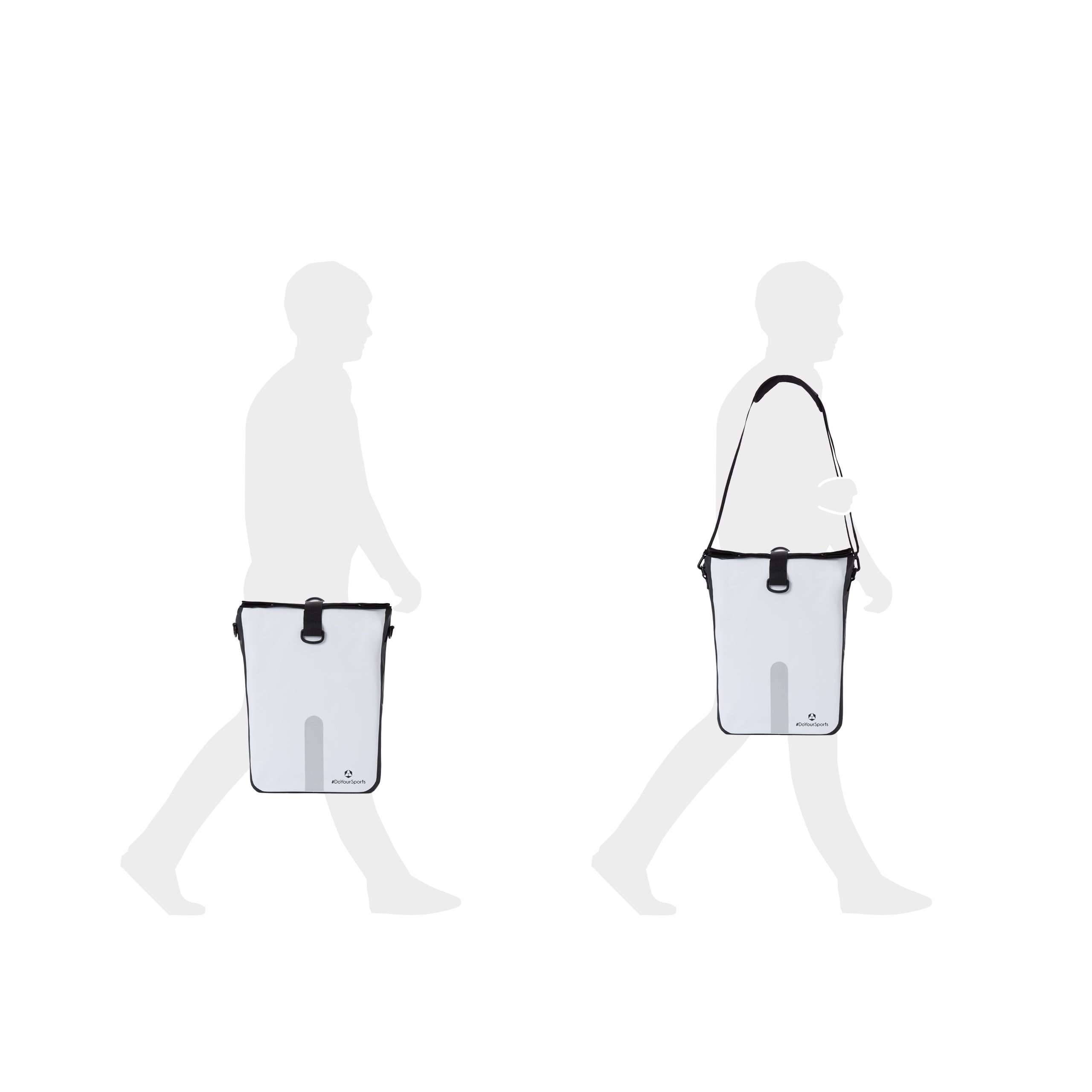 Wasserdichte Fahrradtasche Roll-Top - 21 L - Weiß als 3-in-1 Tasche mit reflektierendem Material und verstellbarem Tragegriff.