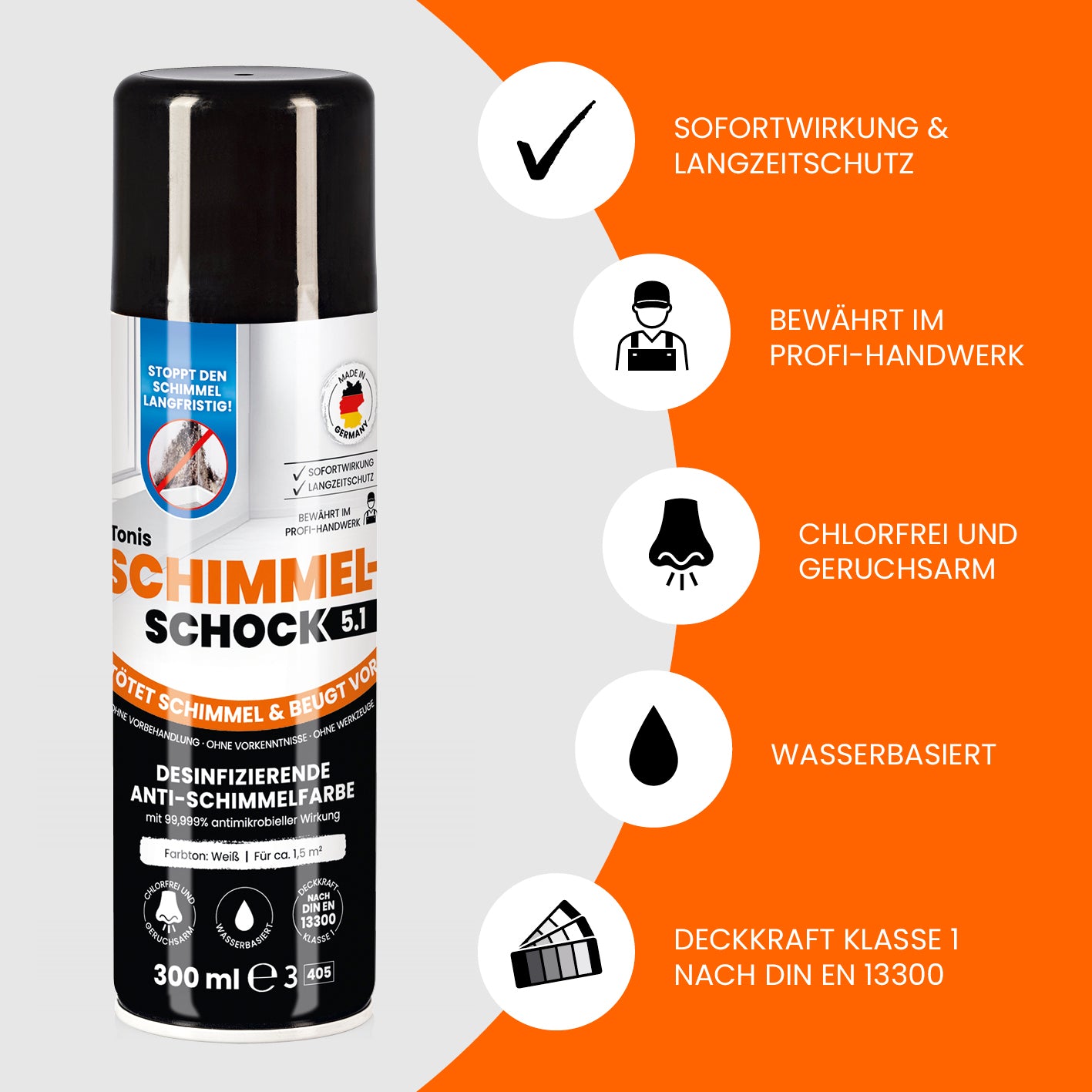 Tonis SCHIMMELSCHOCK 5.1 - Antimikrobielle Spezialfarbe - 2er-Set (2x 300 ml) - weiß