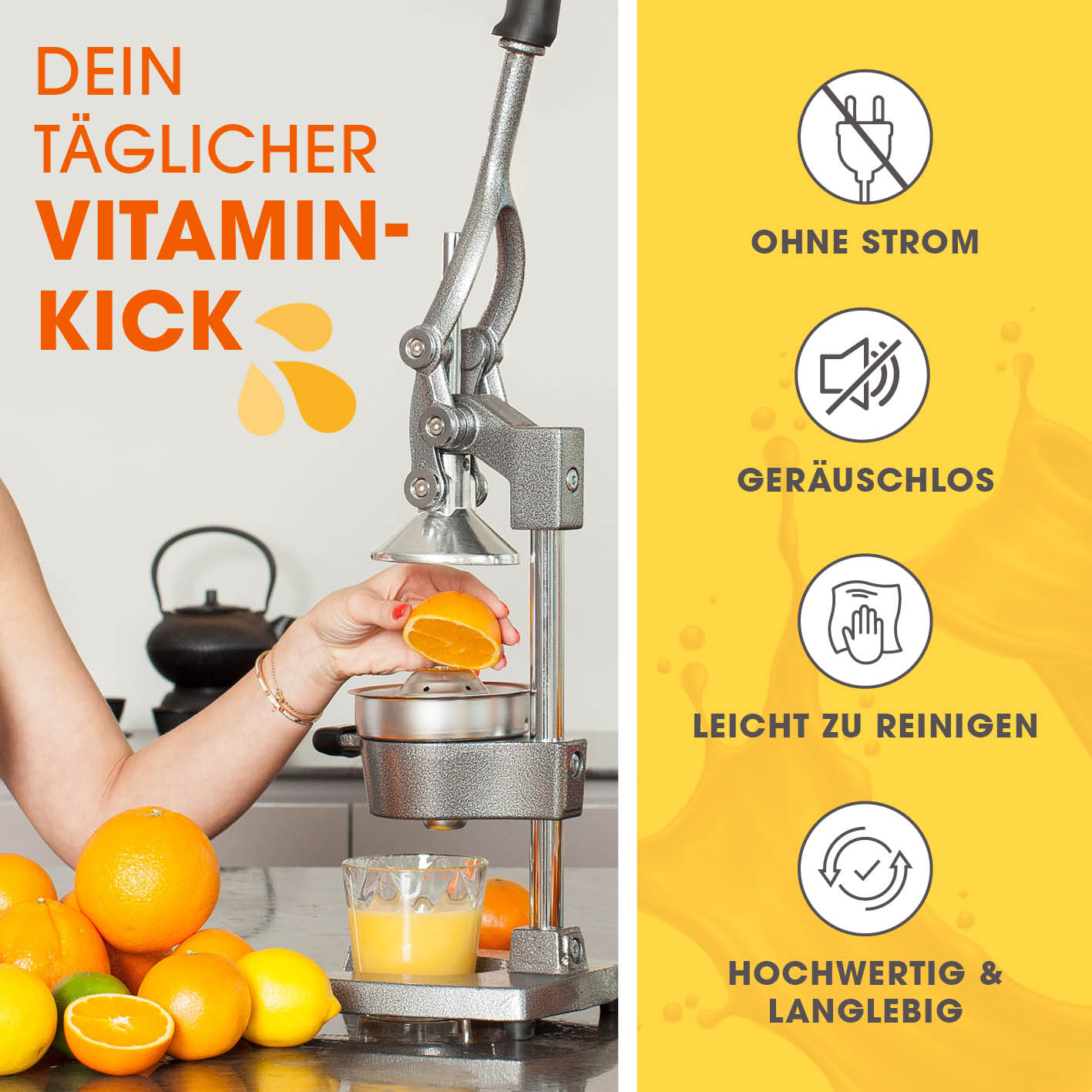Manuelle Saftpresse + Orangenständer - Silber