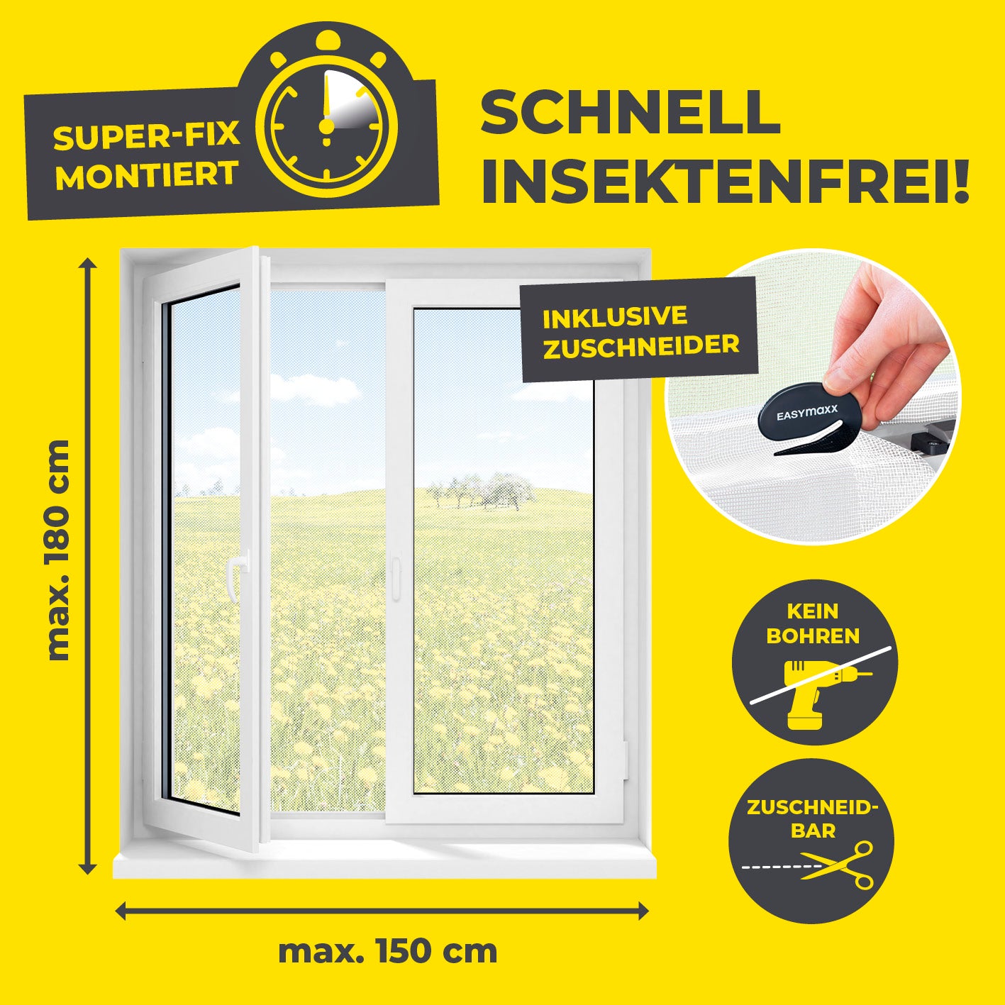 Moskitonetz für Fenster mit selbstklebendem Klettband - 150 x 180 cm - Weiß