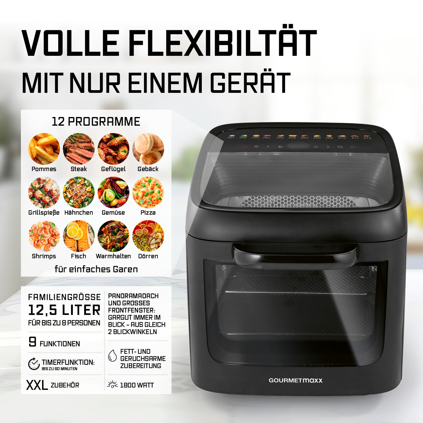 Heißluftofen mit Panoramadach und Frontfenster - 12,5 l, kompakt, 12 Programme, 1800 W, XXL Zubehör, für bis zu 8 Personen.