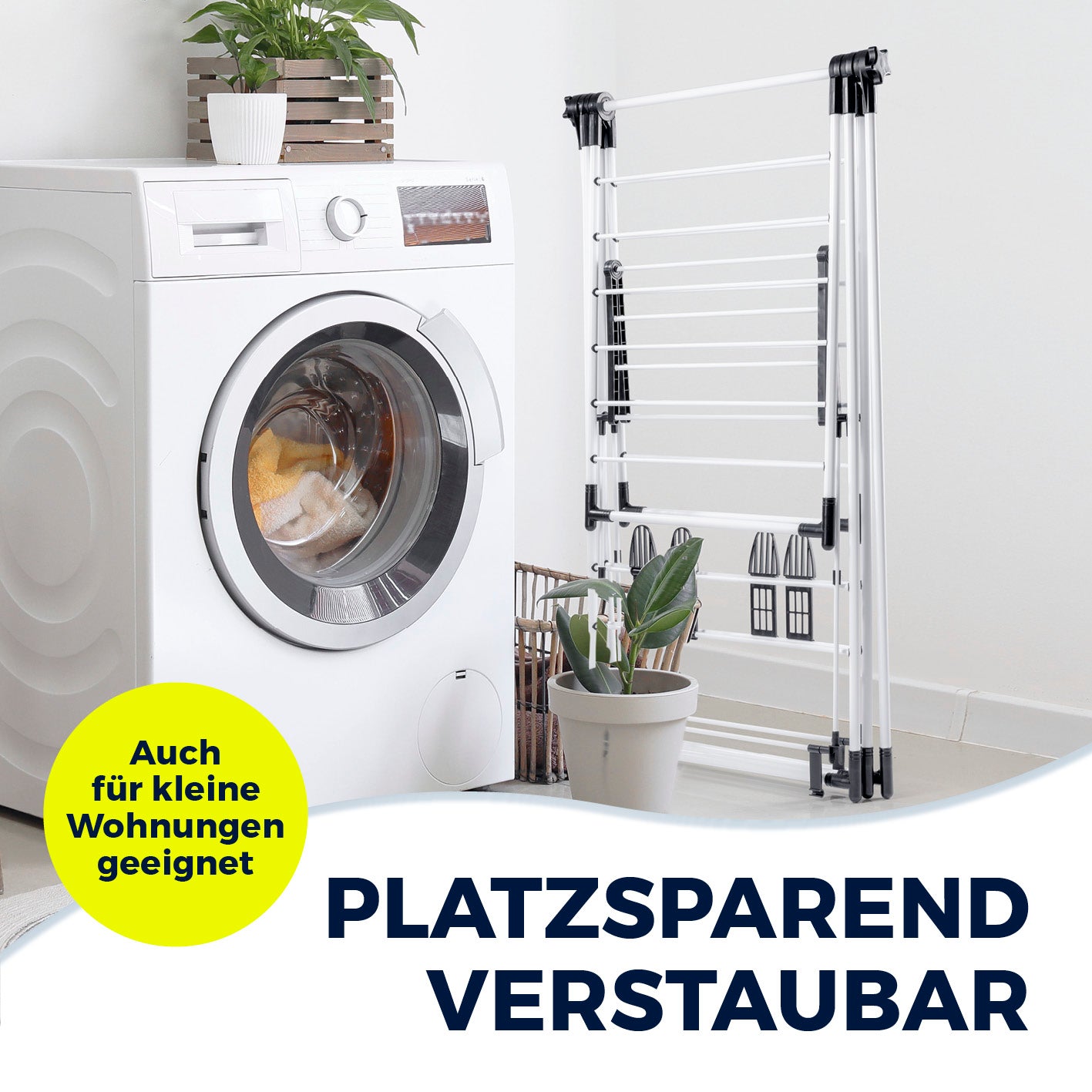 Falt-Wäscheständer 1800, kompakt und faltbar, platzsparend verstaubar neben Waschmaschine, ideal für kleine Wohnungen.