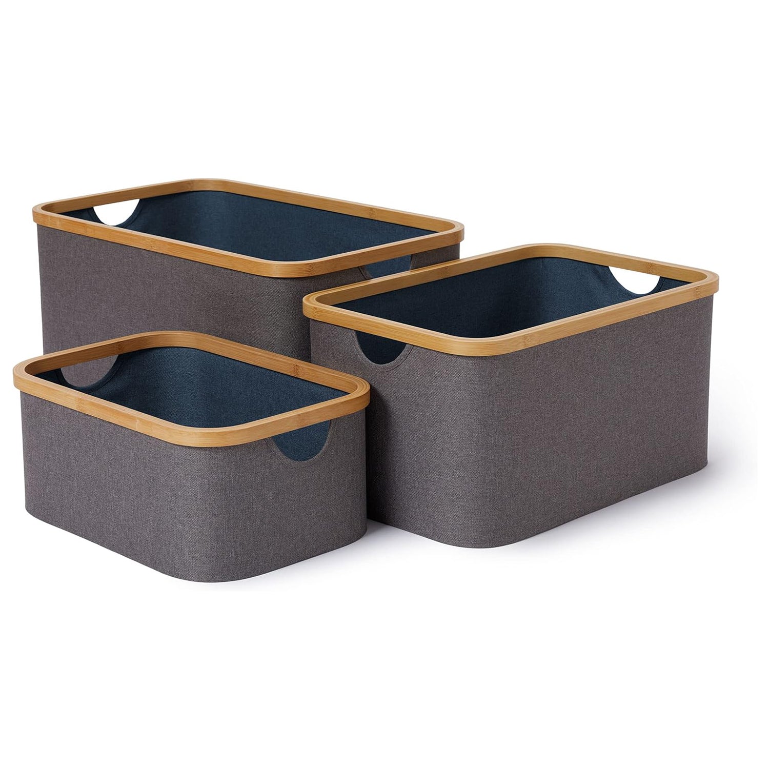 Aufbewahrungsboxen mit Bambus-Rahmen - 3er-Set - Grau-Blau