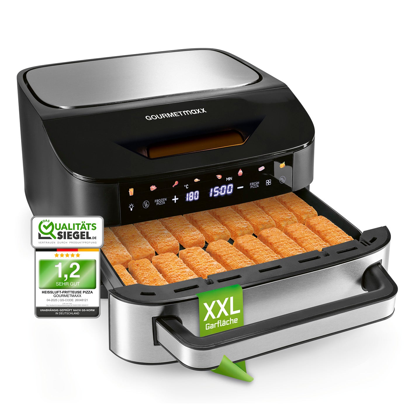 Heißluftfritteuse mit XXL-Garfläche - 7 Liter mit Touchscreen, Timer, Innenlicht und 360°-Luftstrom für gleichmäßiges Garen.