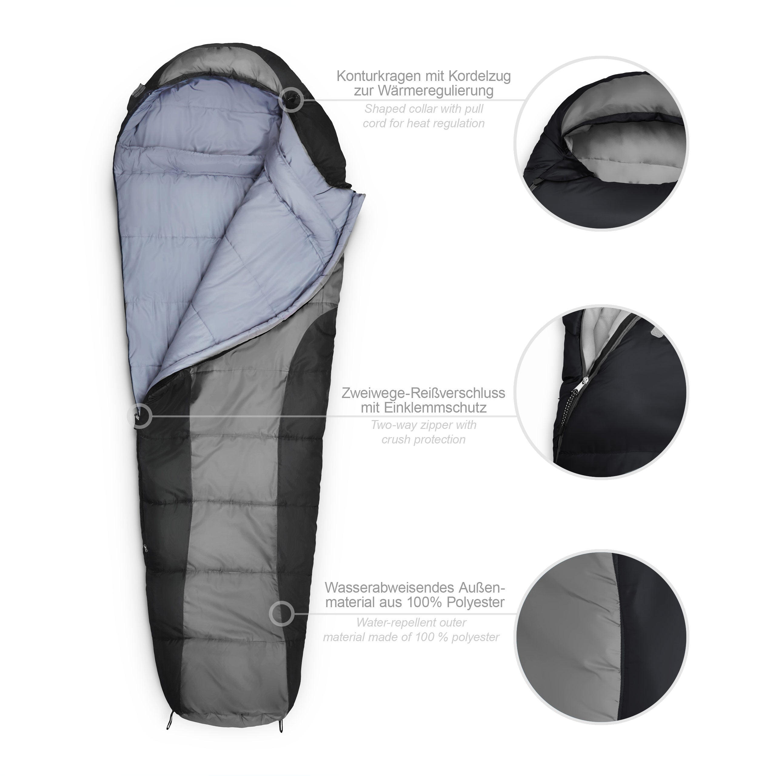 Camping Schlafsack Classic - Mumienschlafsack mit Tasche - 230 x 80 x 55 cm - Grau-Schwarz