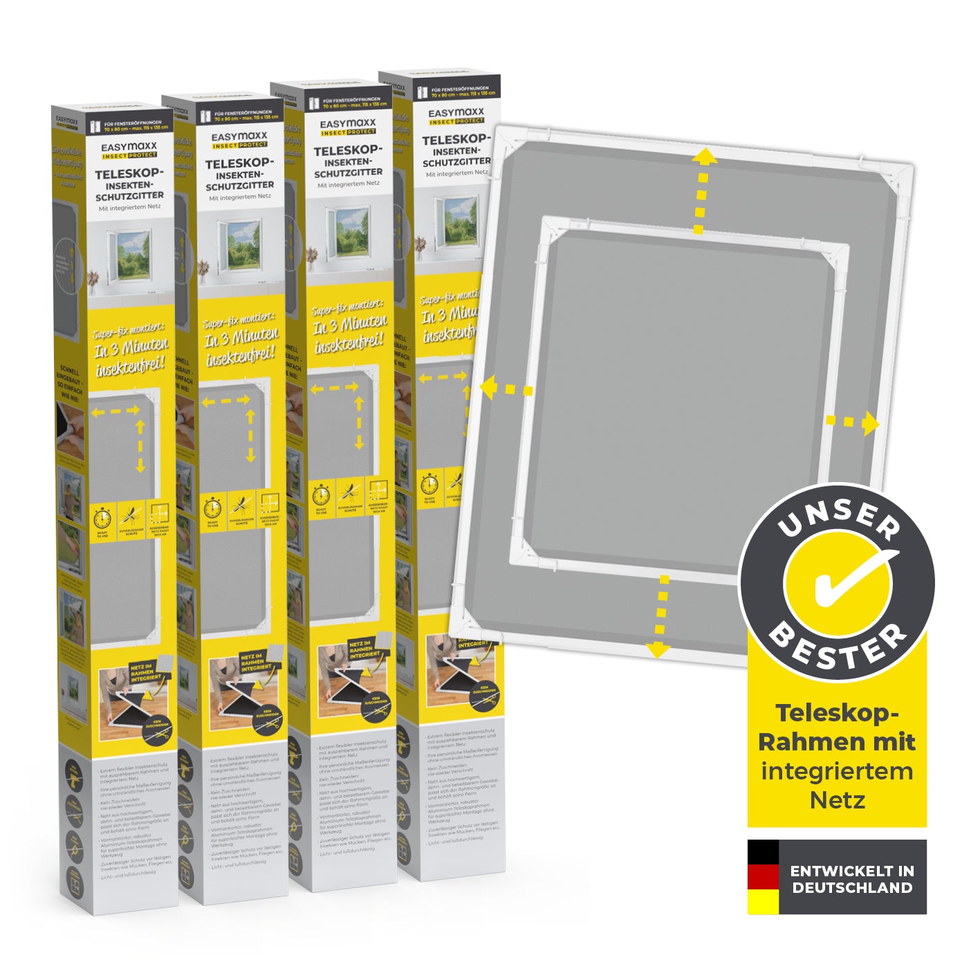 EASYmaxx Teleskop-Insektenschutzgitter mit integriertem Netz - 4er-Set - weiß