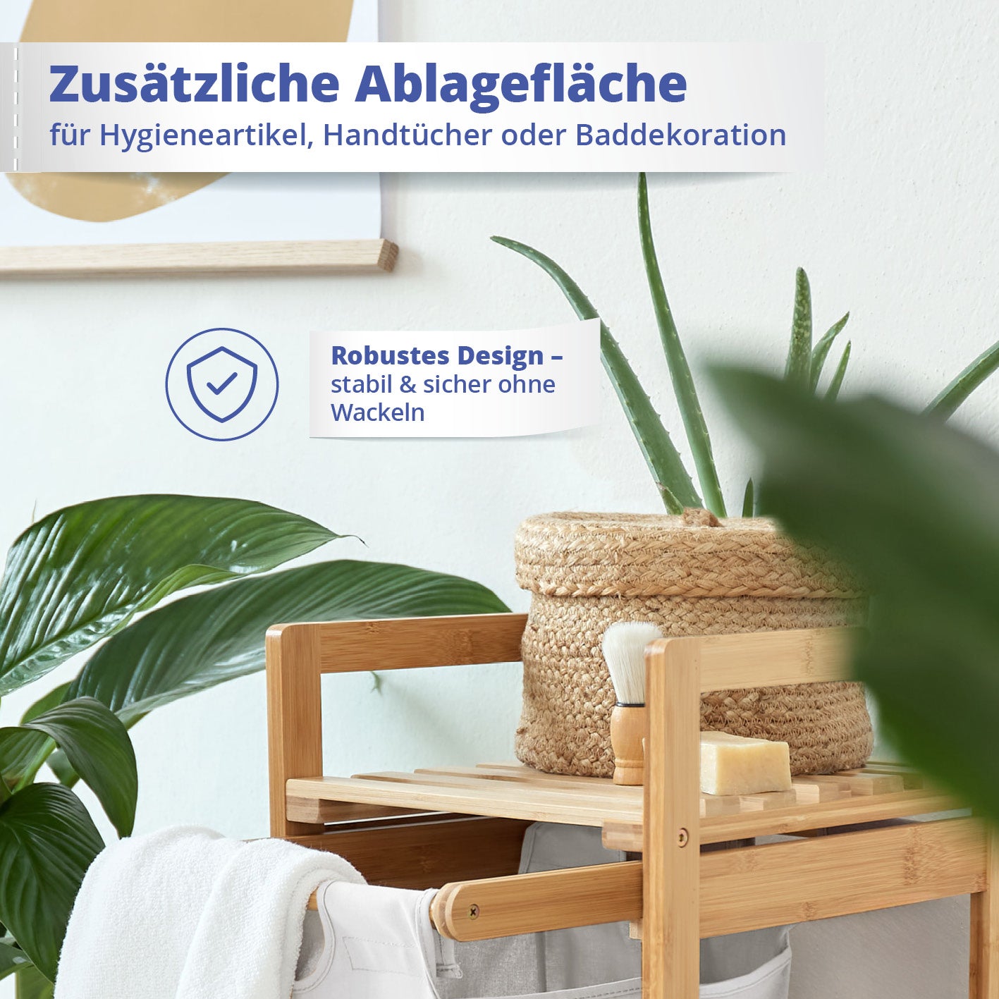 Bambus Wäschekorb mit ausziehbarem Wäschesack - 33 x 33 x 73 cm - Weiß mit zusätzlicher Ablagefläche für Handtücher und Hygieneartikel.