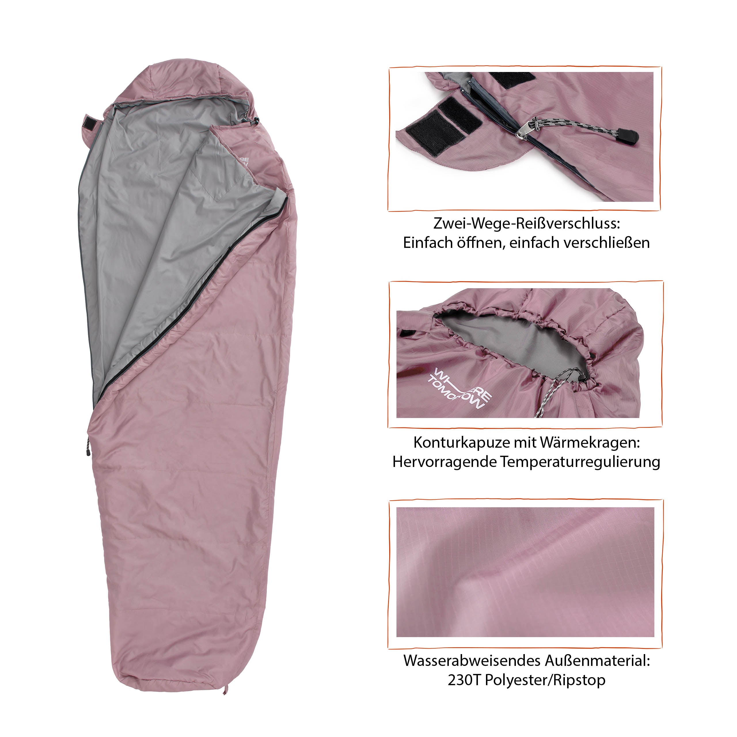 Camping Schlafsack Small & Light - Mumienschlafsack mit Tasche - 220 x 80 x 50 cm - Rose