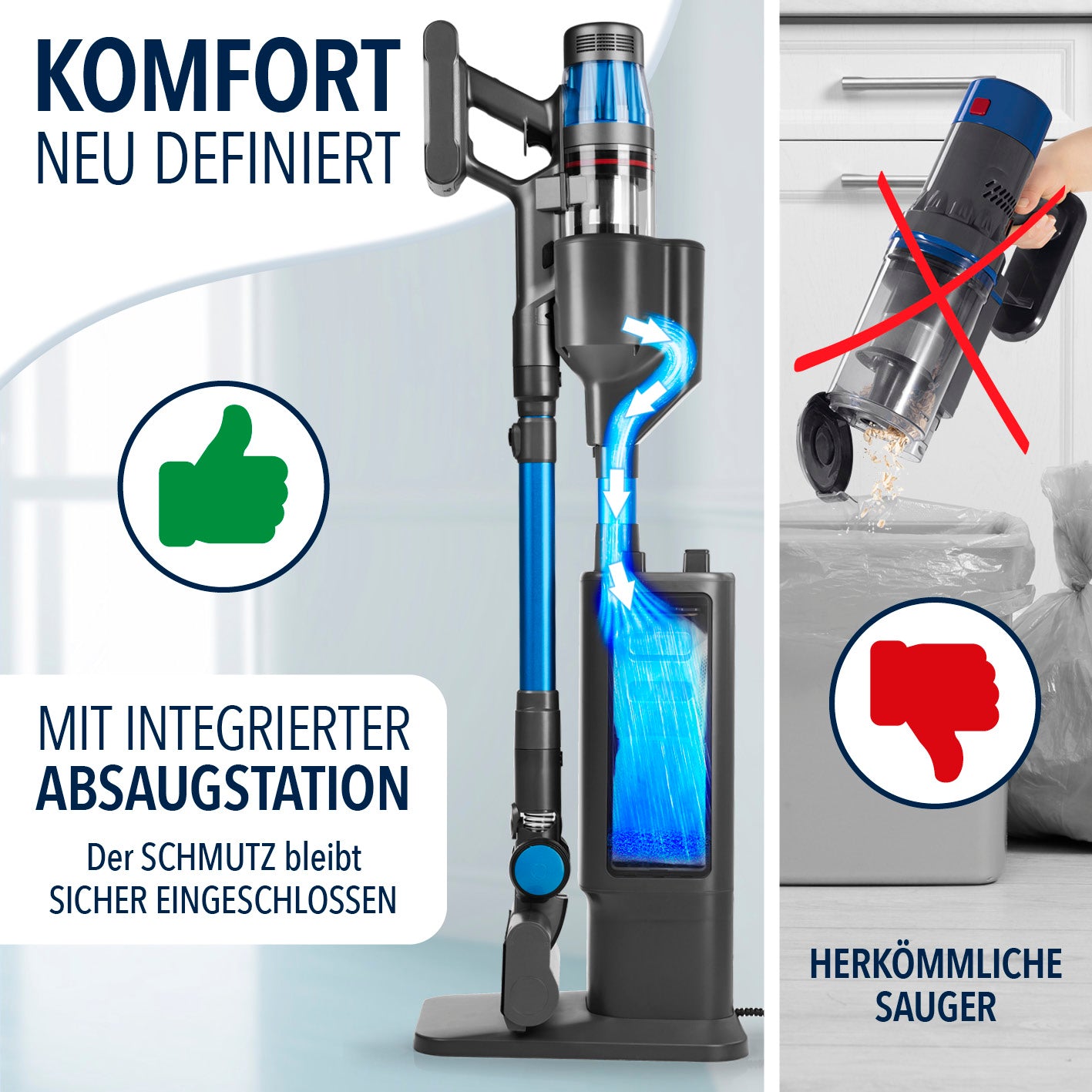 AeroTech 500 Staubsauger mit Absaugstation in Grau-Blau zeigt hygienische Entleerung ohne Staubkontakt und integrierte Absaugstation.