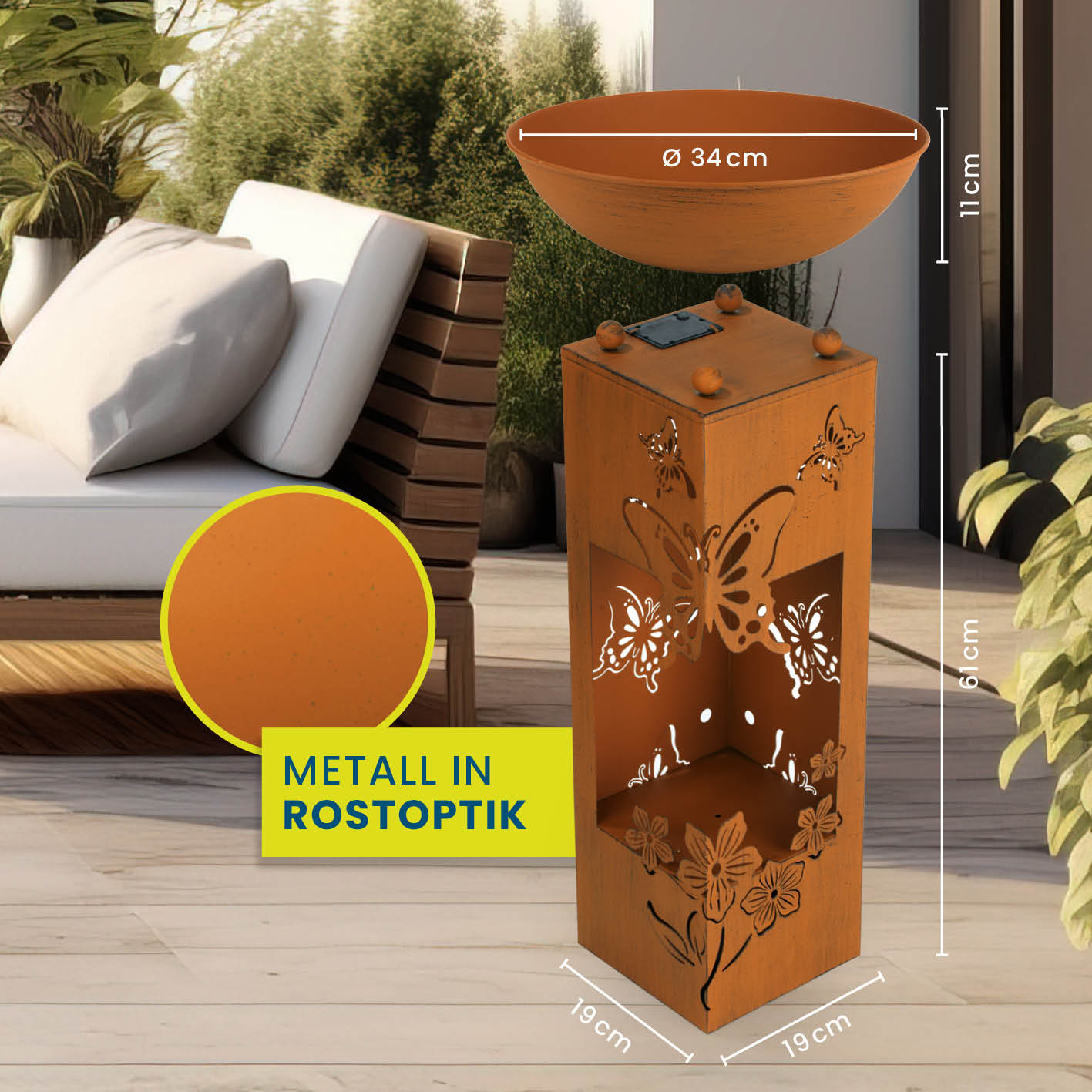 LED Pflanzsäule "Schmetterling" in 3D Rost-Optik - 19 x 19 x 72 cm