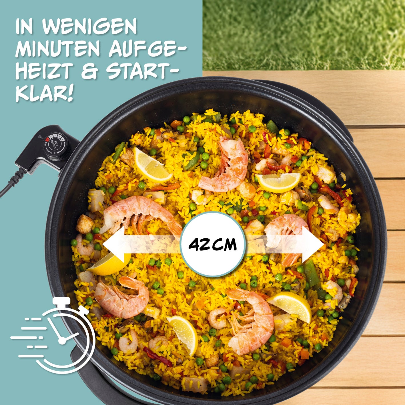 Elektrische Partypfanne - Ø 42 cm mit Paella, großem Fassungsvermögen, schnellem Aufheizen und praktischem Thermostat für draußen.