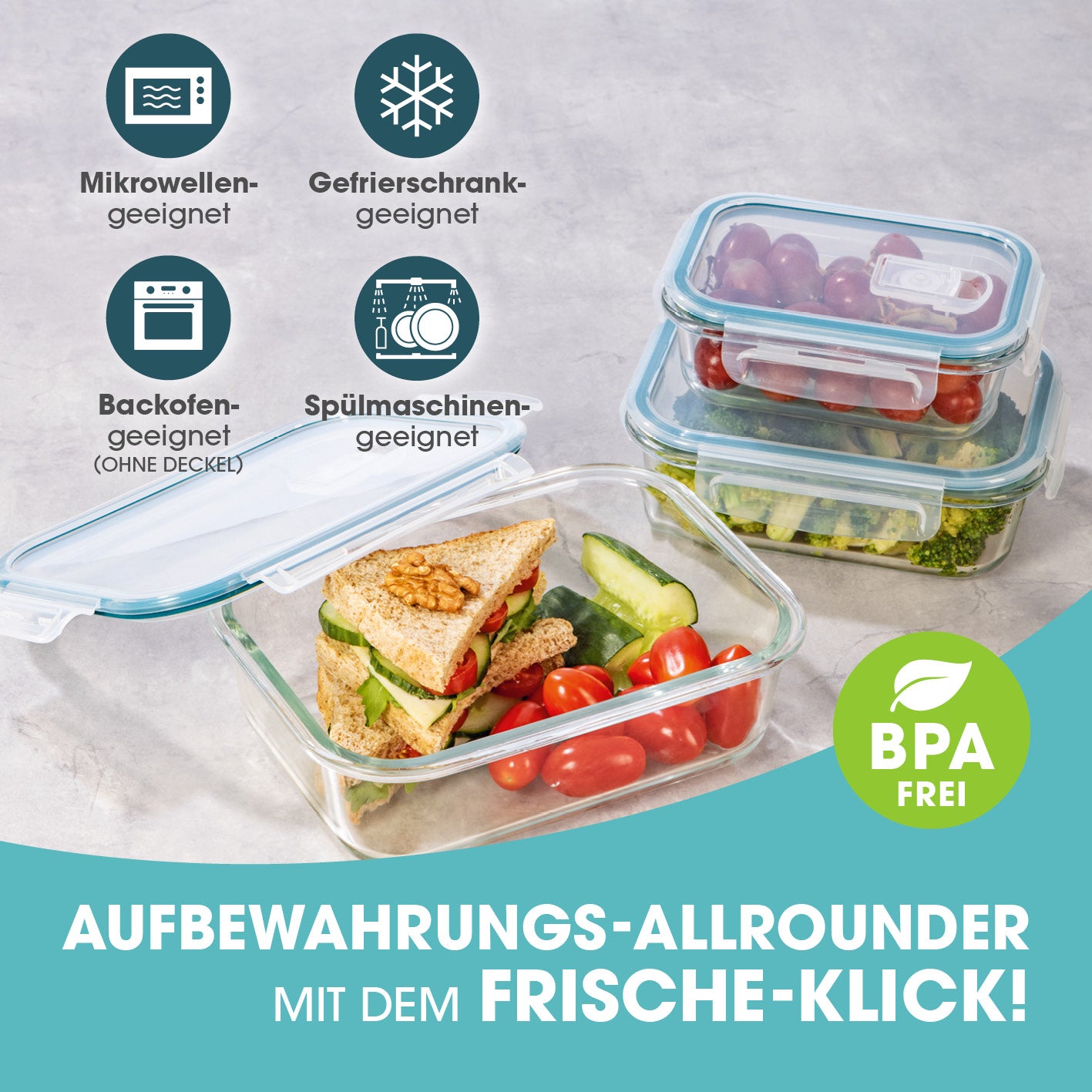 Glas-Frischhaltedosen mit Mikrowellenventi Klick-it  - 6-tlg. - Grün