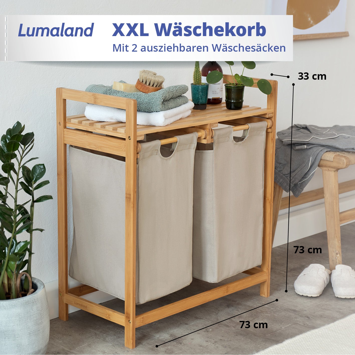 Bambus Wäschekorb mit 2 ausziehbaren Wäschesacken - 73 x 64 x 33 cm - Grau