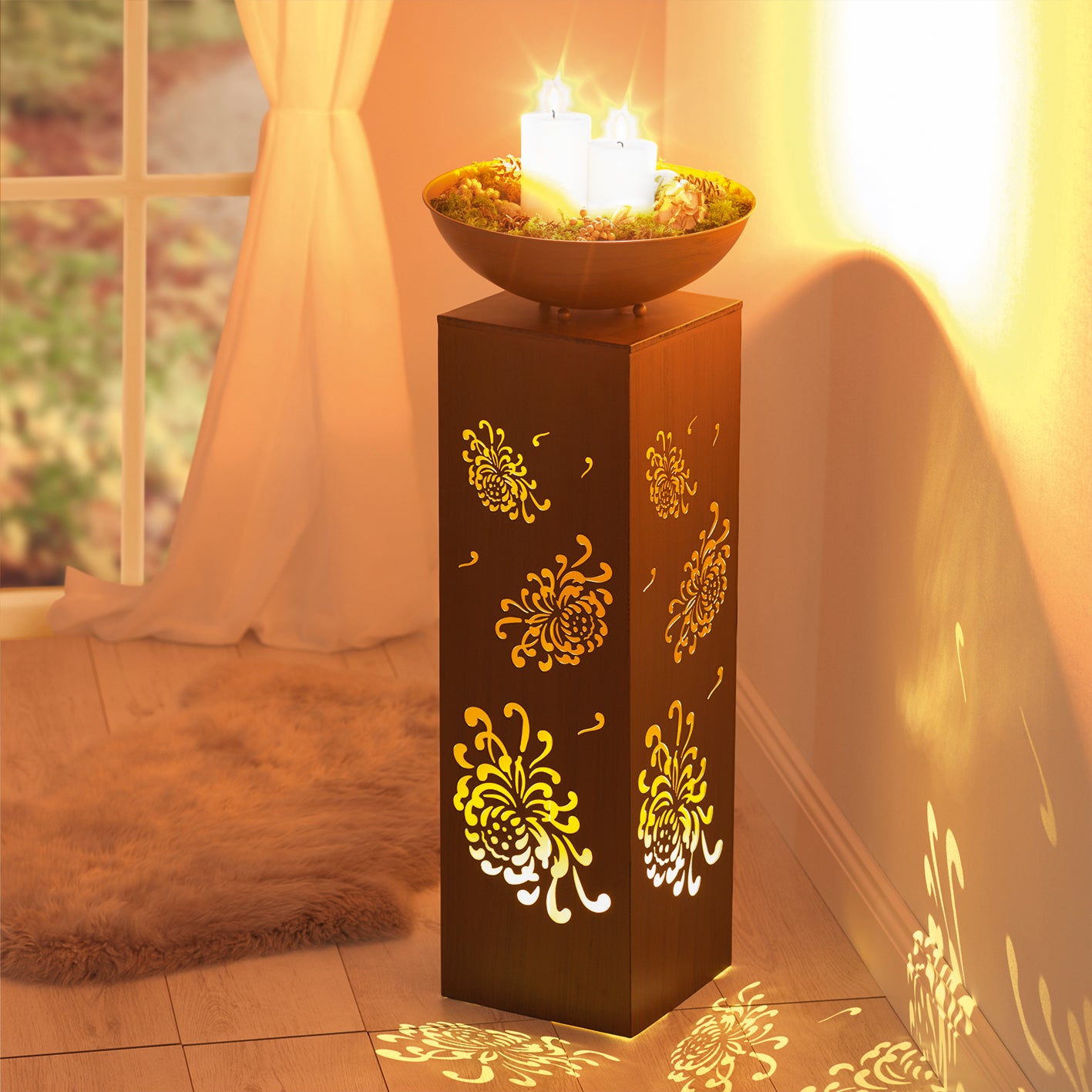 LED-Dekosäule mit Planzschale Rost-Optik "Bauernrose" - 87 cm