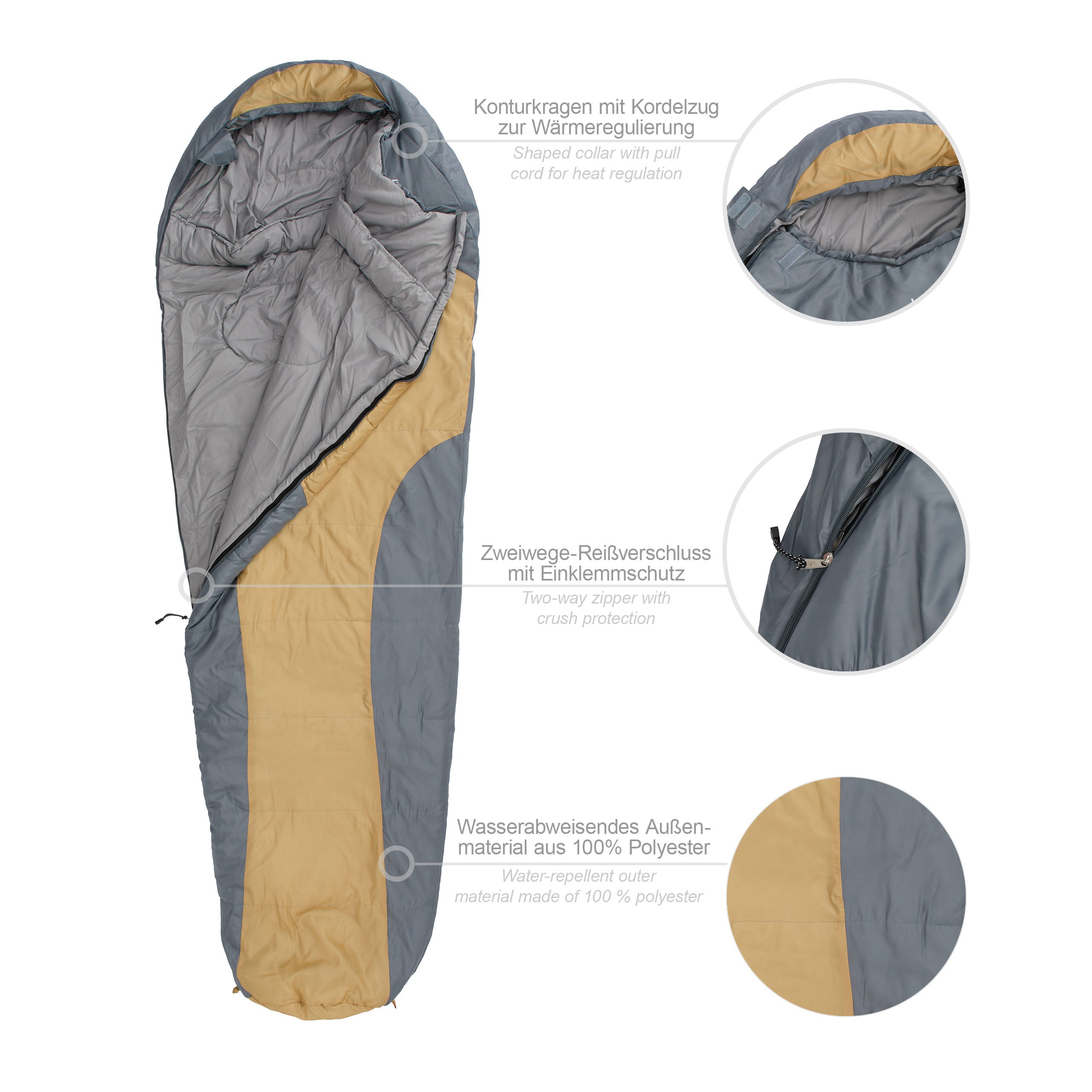 Camping Schlafsack Classic - Mumienschlafsack mit Tasche - 230 x 80 x 55 cm - Curry