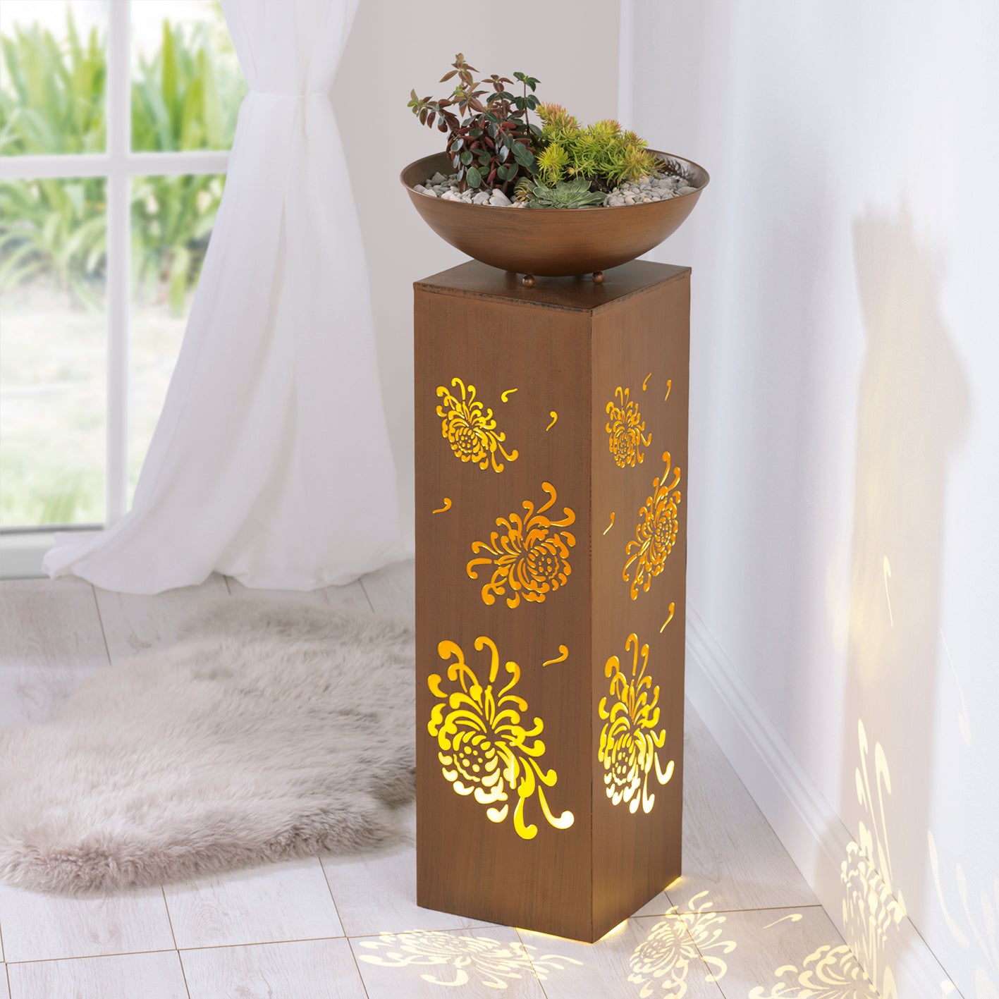 LED-Dekosäule mit Planzschale Rost-Optik "Bauernrose" - 87 cm