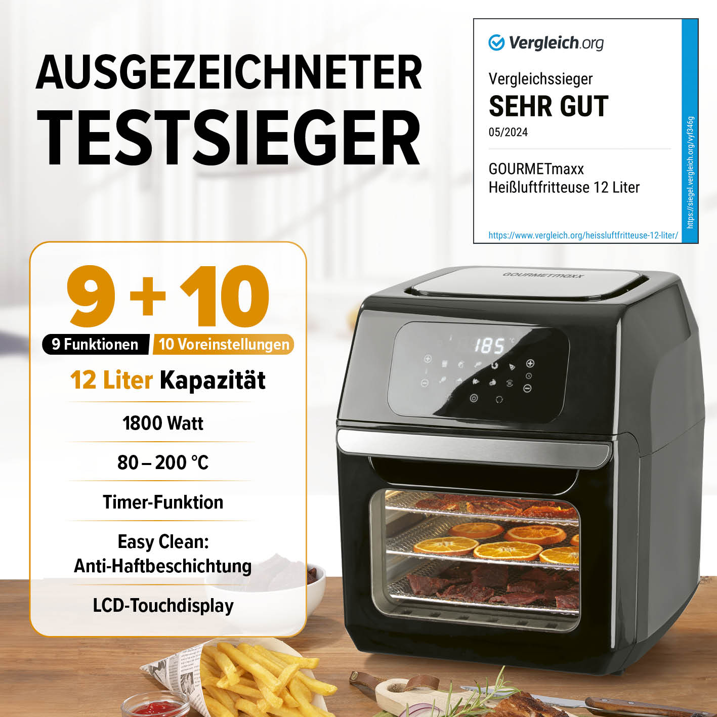Digitale Heißluftfritteuse - 12 l - Schwarz