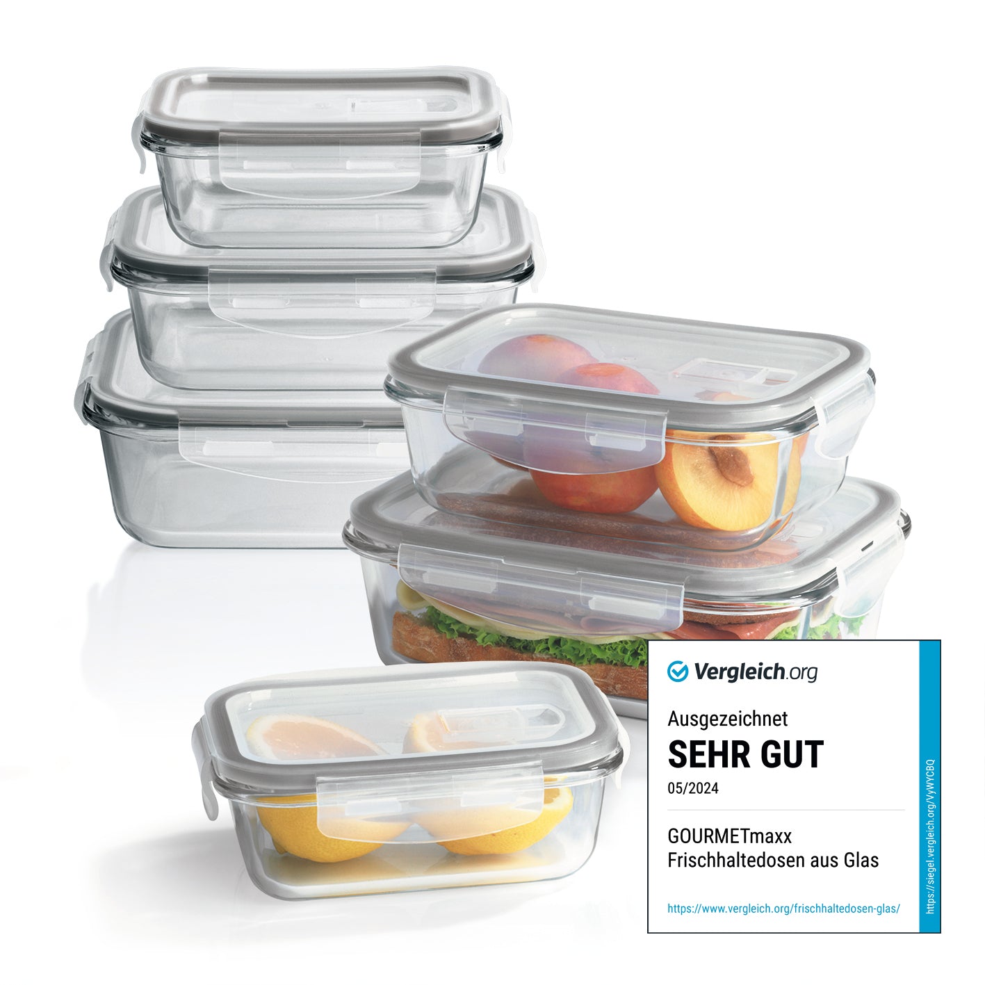 GOURMETmaxx Glas-Frischhaltedosen Klick-it mit Mikrowellenventil - 12-tlg. - grau