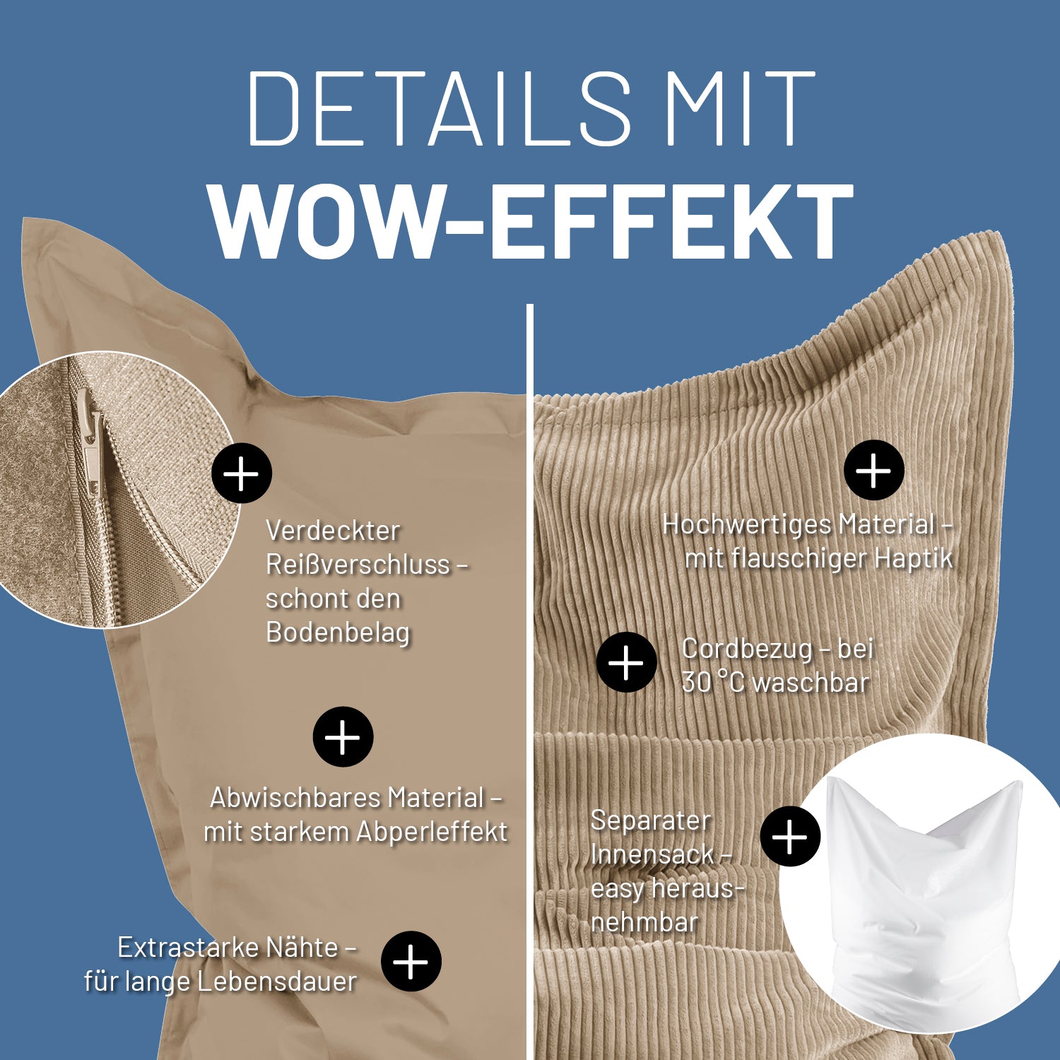 Sitzsack Classic XXL All-in-One Set - 380 L - 140 x 180 cm - Beige