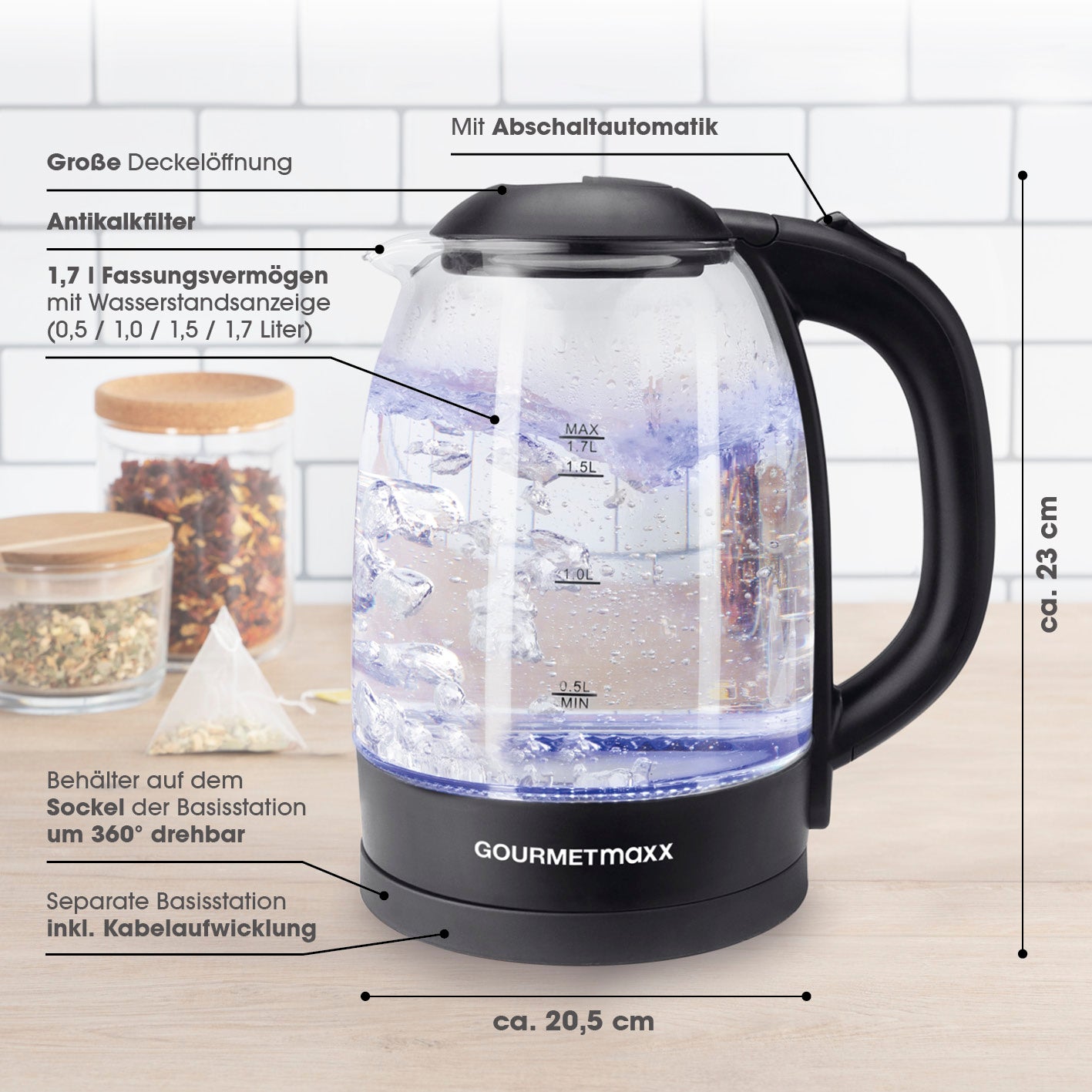 Glas-Wasserkocher 1,7 l - Schwarz
