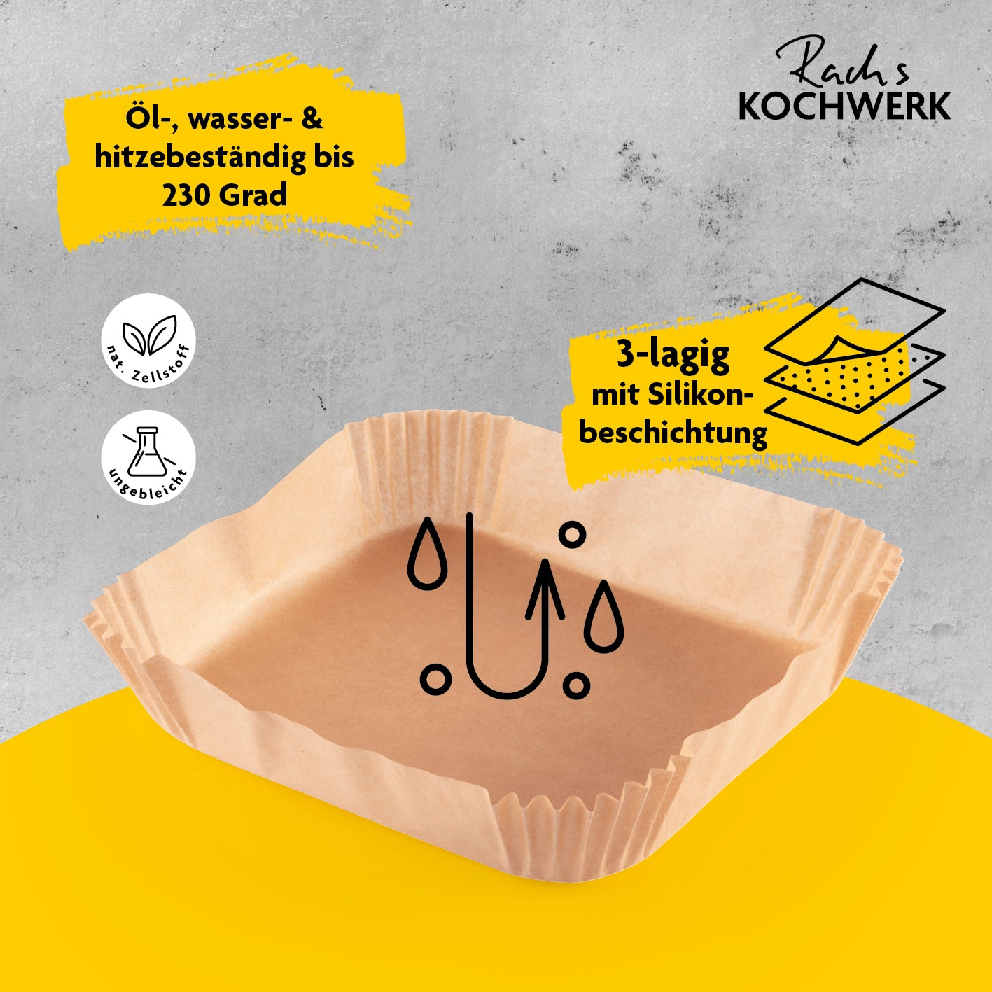 Backpapierschalen für Heißluftfritteusen (2–5 l) mit 2 Rezeptideen - 50 Stück à 16 x 16 x 4,5 cm