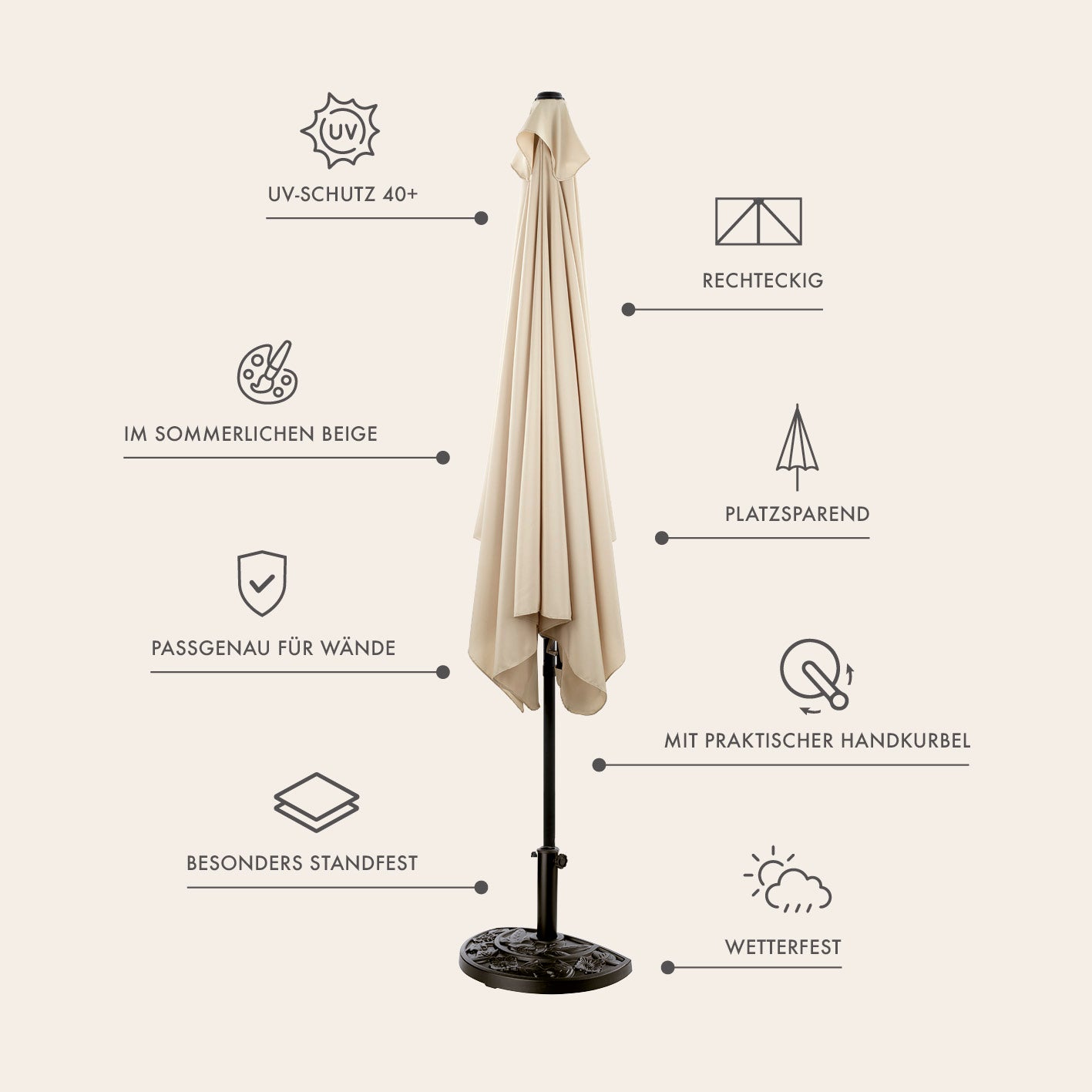 Sonnenschirm mit UV-Schutz mit Sonnenschirmfuß - rechteckig 230 x 140 cm - beige