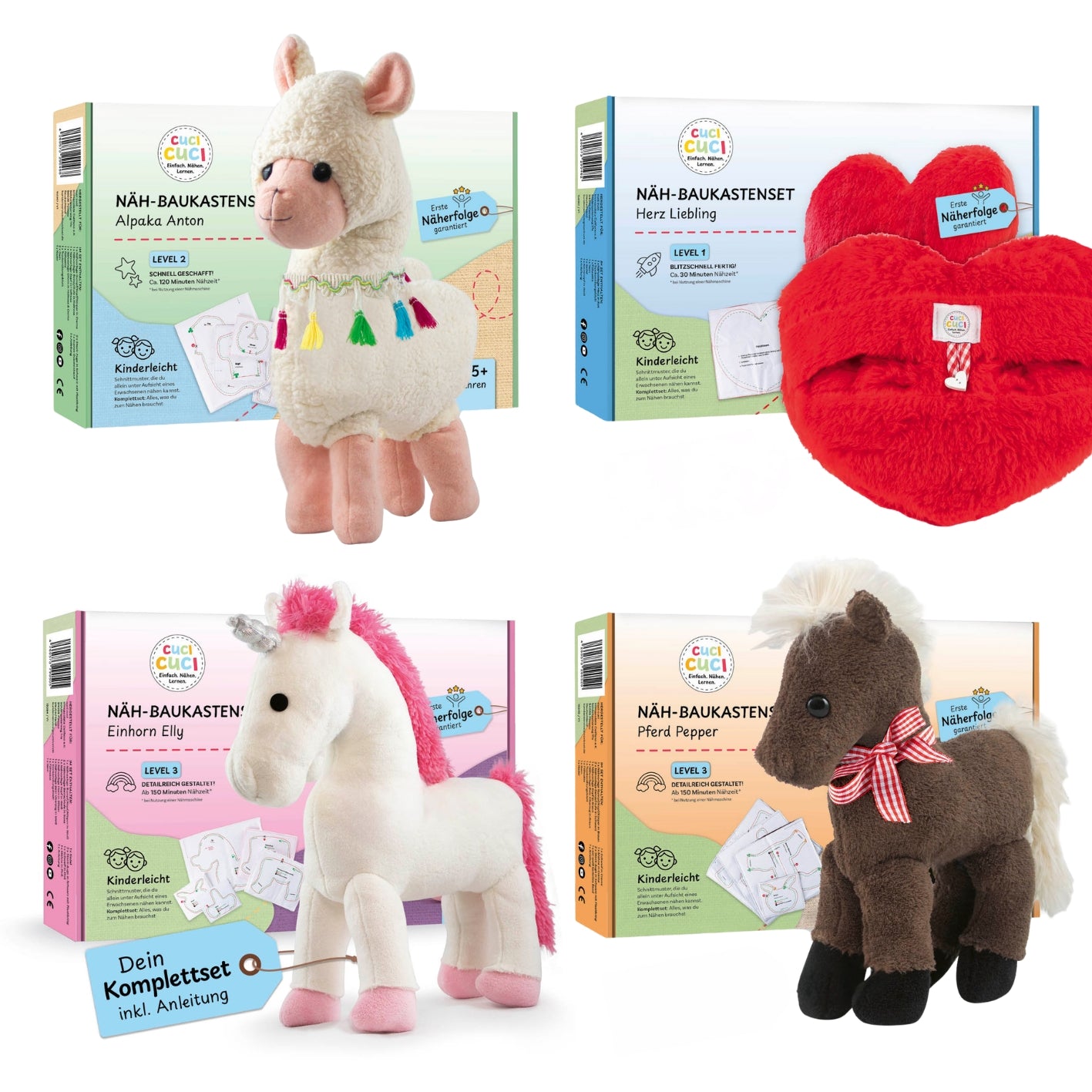 Näh-Baukastenset - 4 Motive Alpaka, Herz, Einhorn & Pferd