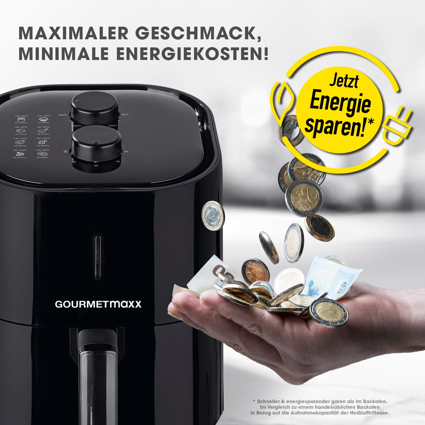 Heißluft-Fritteuse Mechanisch 3,6l - Schwarz von GOURMETmaxx mit Timer, energiesparend und fettarme Zubereitung.