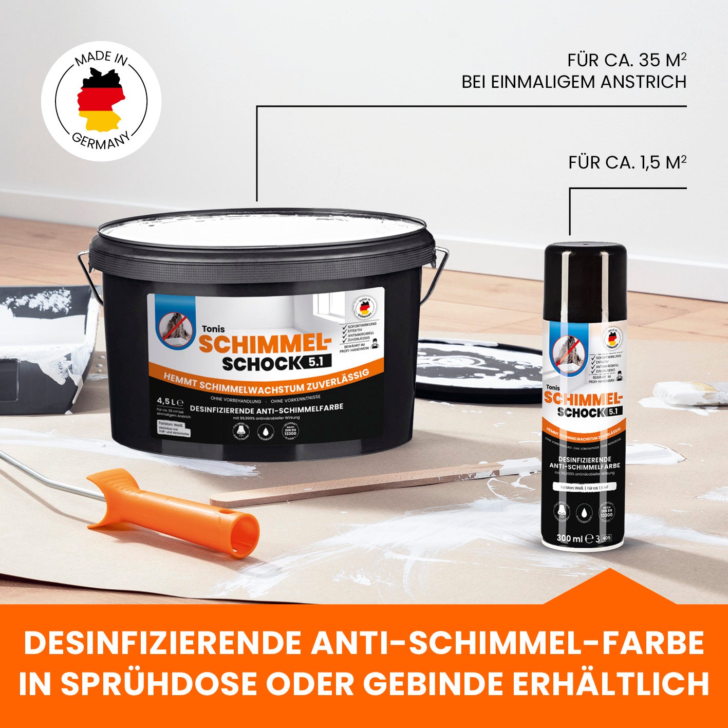 Tonis SCHIMMELSCHOCK 5.1 Anti-Schimmel-Farbe mit 99,999% antimikrobieller Wirkung | Sprühfarbe für ca. 1,5 qm, wissenschaftlich nachgewiesene Sofortwirkung | Effektiv und zuverlässig