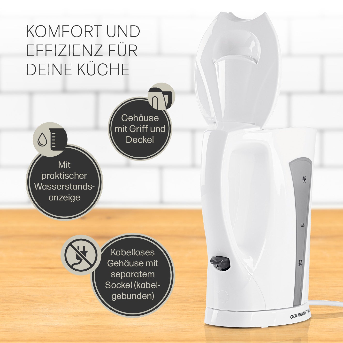 Wasserkocher mit Kalkfilter - 1,7l - weiß/grau