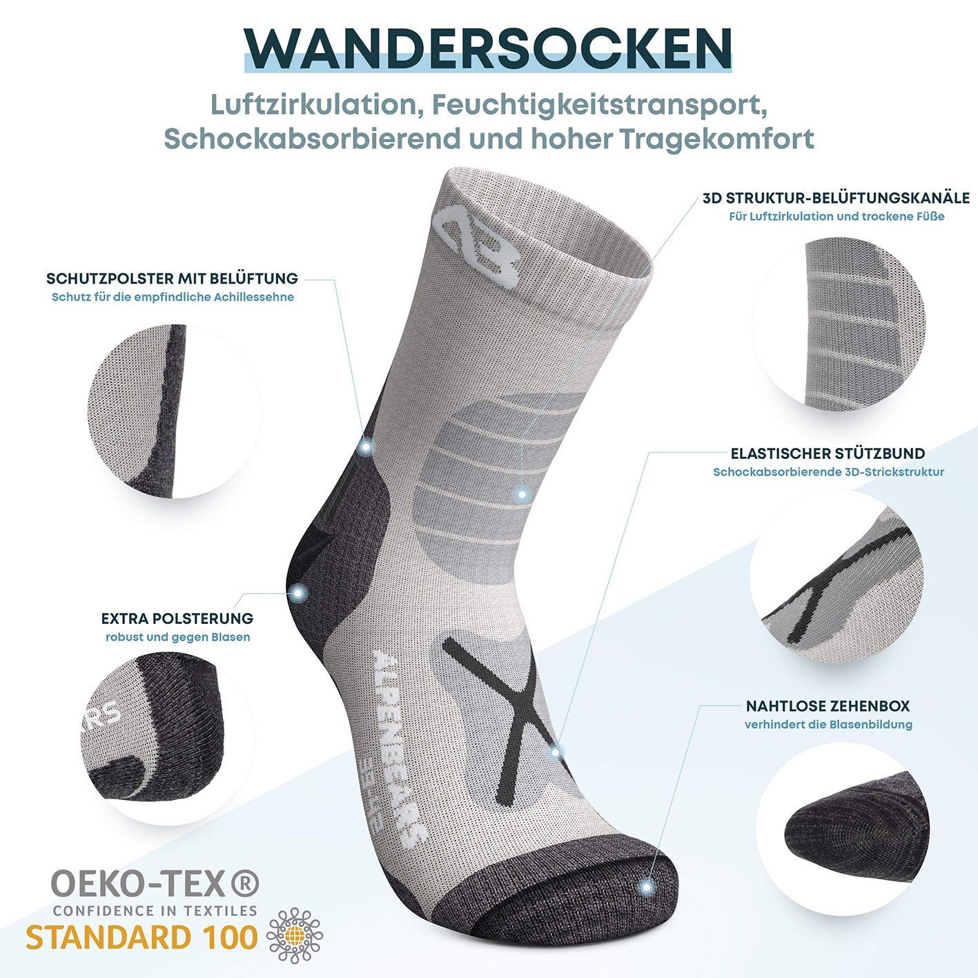 Wandersocken Merinowolle - 2er-Set - Grau - Größe 35-38