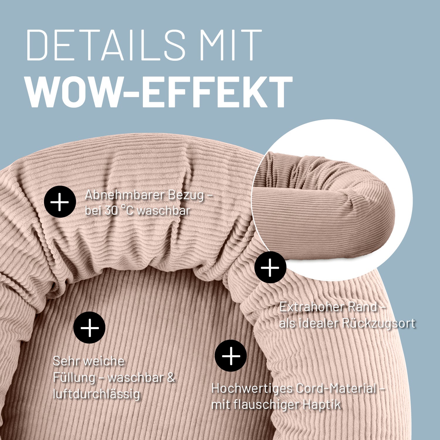 Komfort-Katzenbett aus der LUMALAND Cord-Reihe - Ø 60 cm - Rosé
